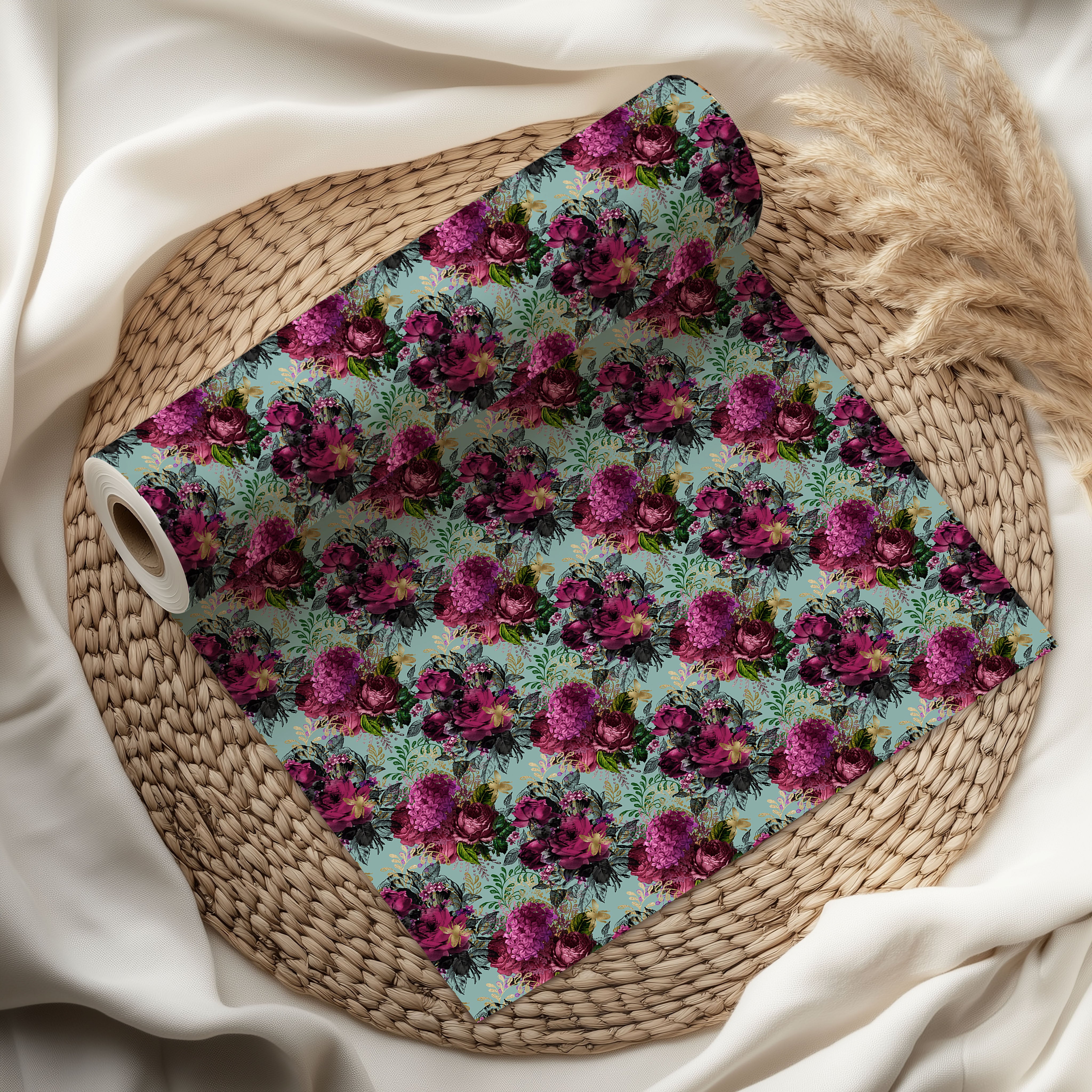 Mint Floral Wrapping Paper – Romantic Vintage Gift Wrap with Pink and Purple Flowers