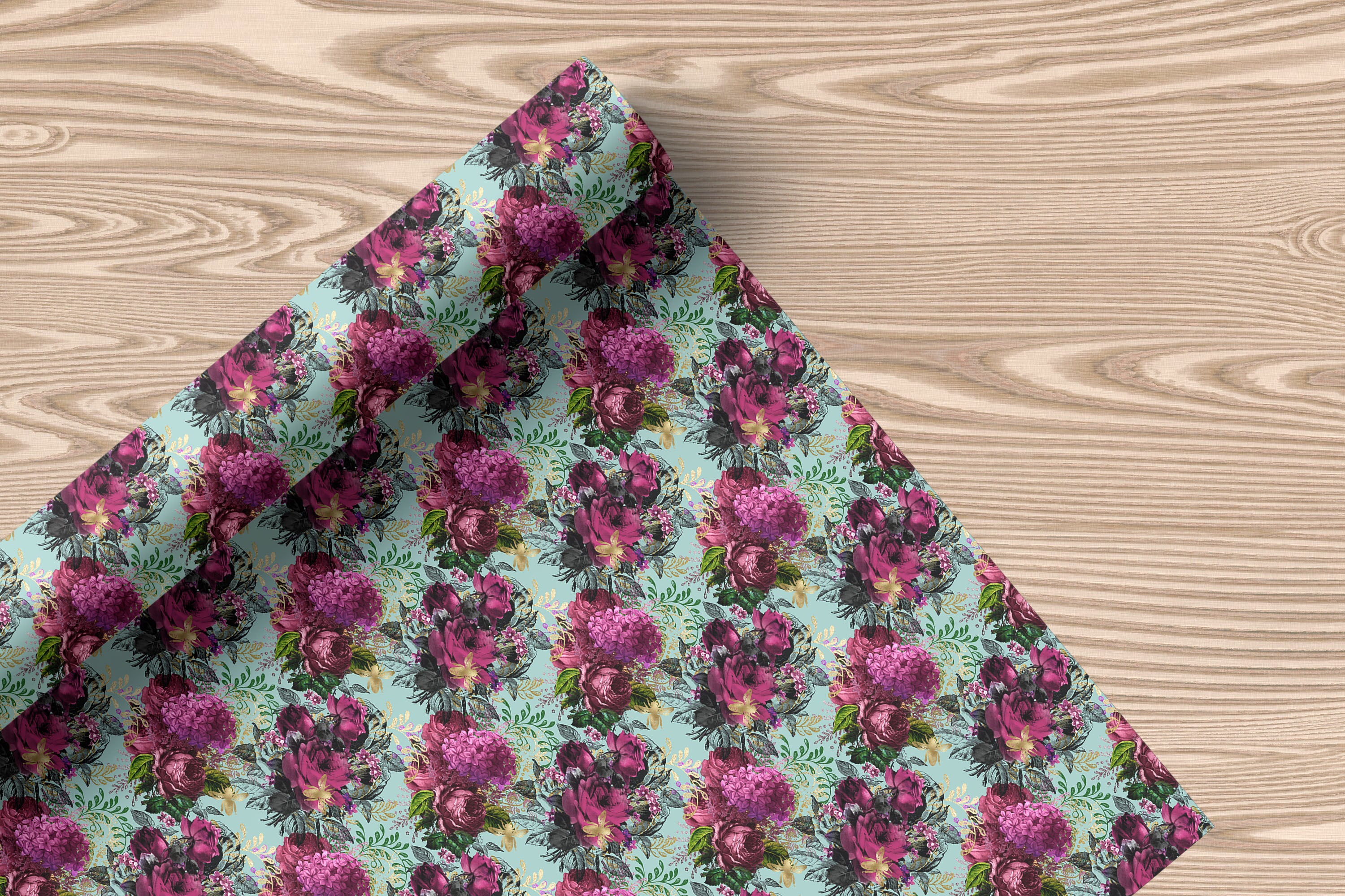 Mint Floral Wrapping Paper – Romantic Vintage Gift Wrap with Pink and Purple Flowers