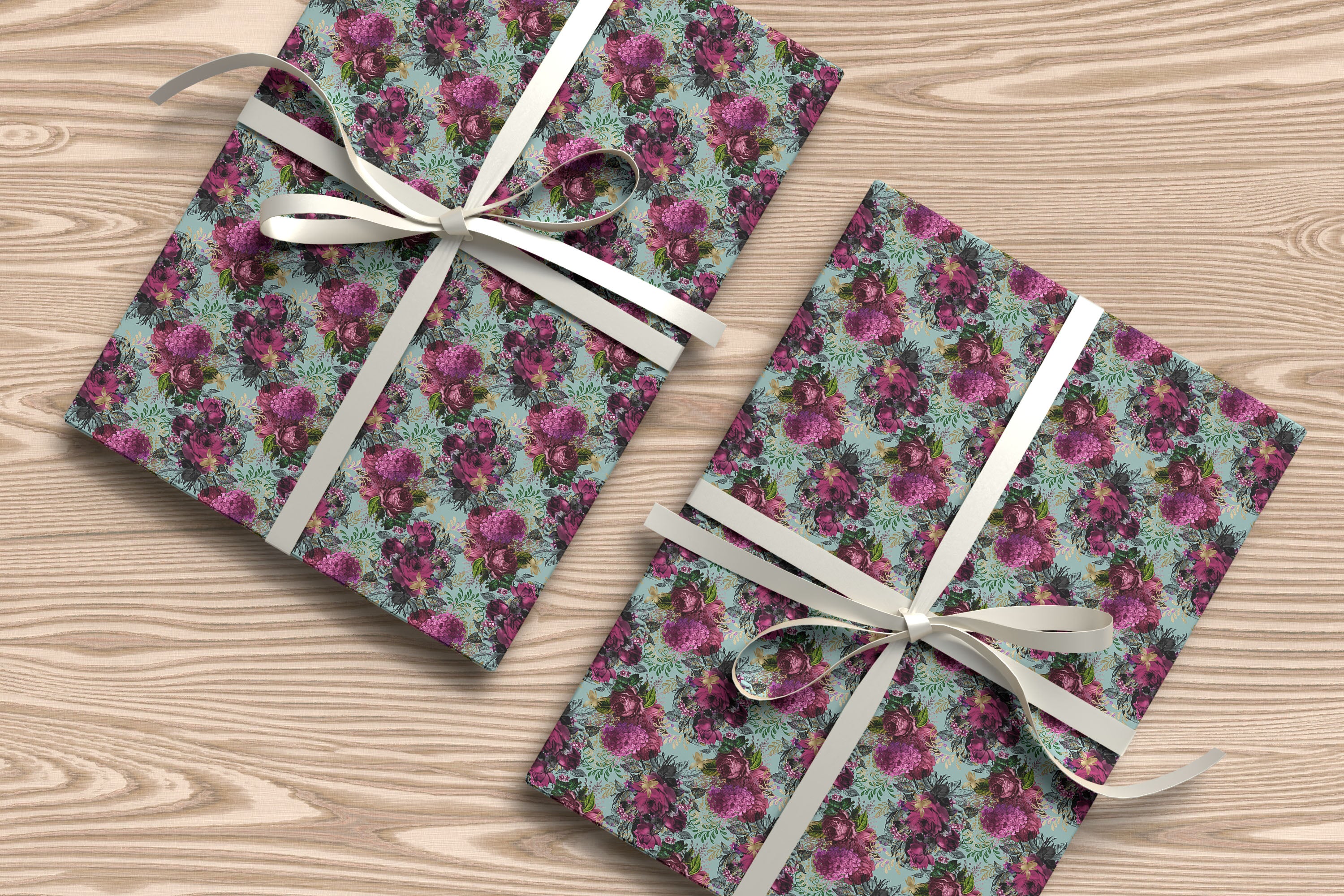 Mint Floral Wrapping Paper – Romantic Vintage Gift Wrap with Pink and Purple Flowers