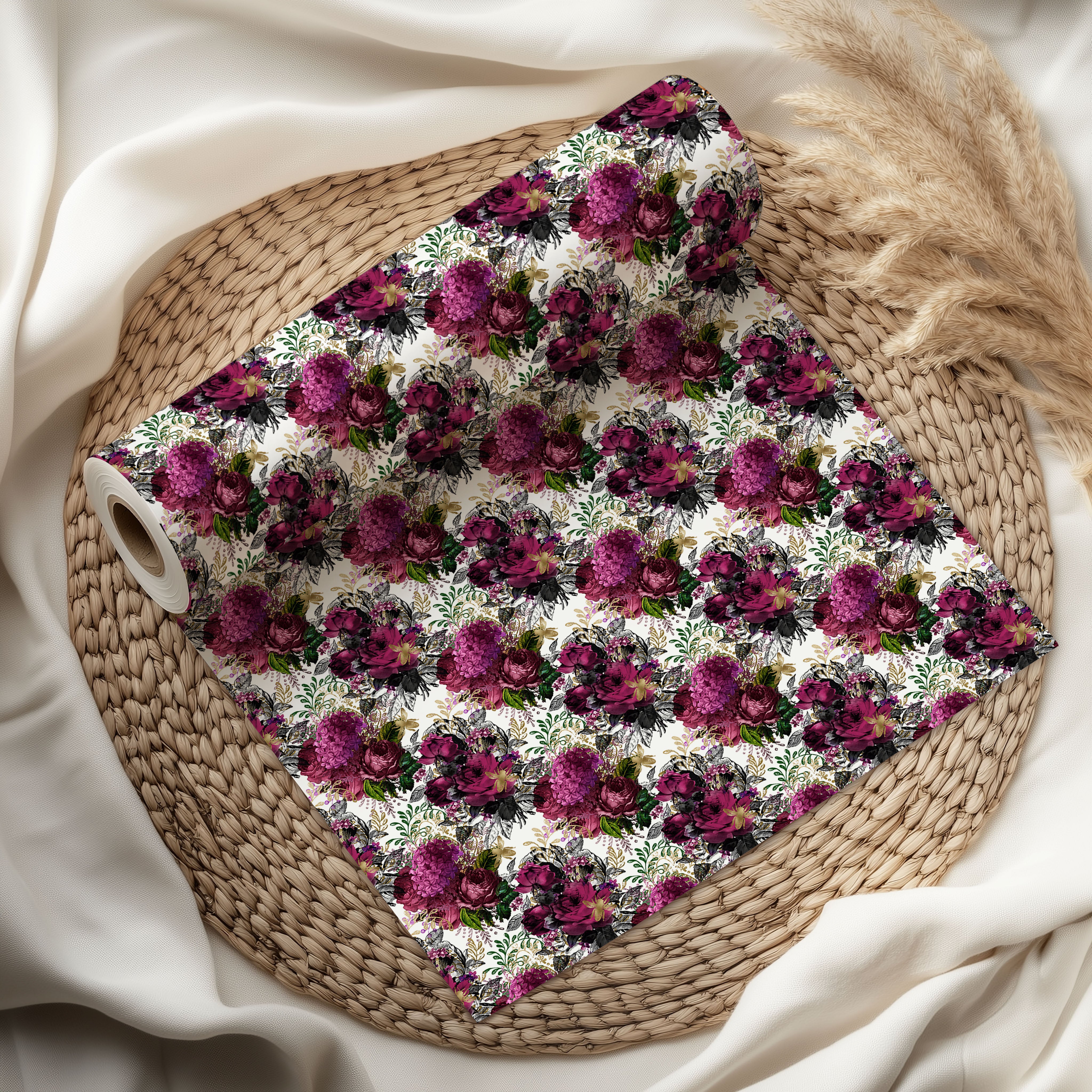 White Floral Wrapping Paper – Elegant Gift Wrap with Vintage Pink and Purple Flower Design
