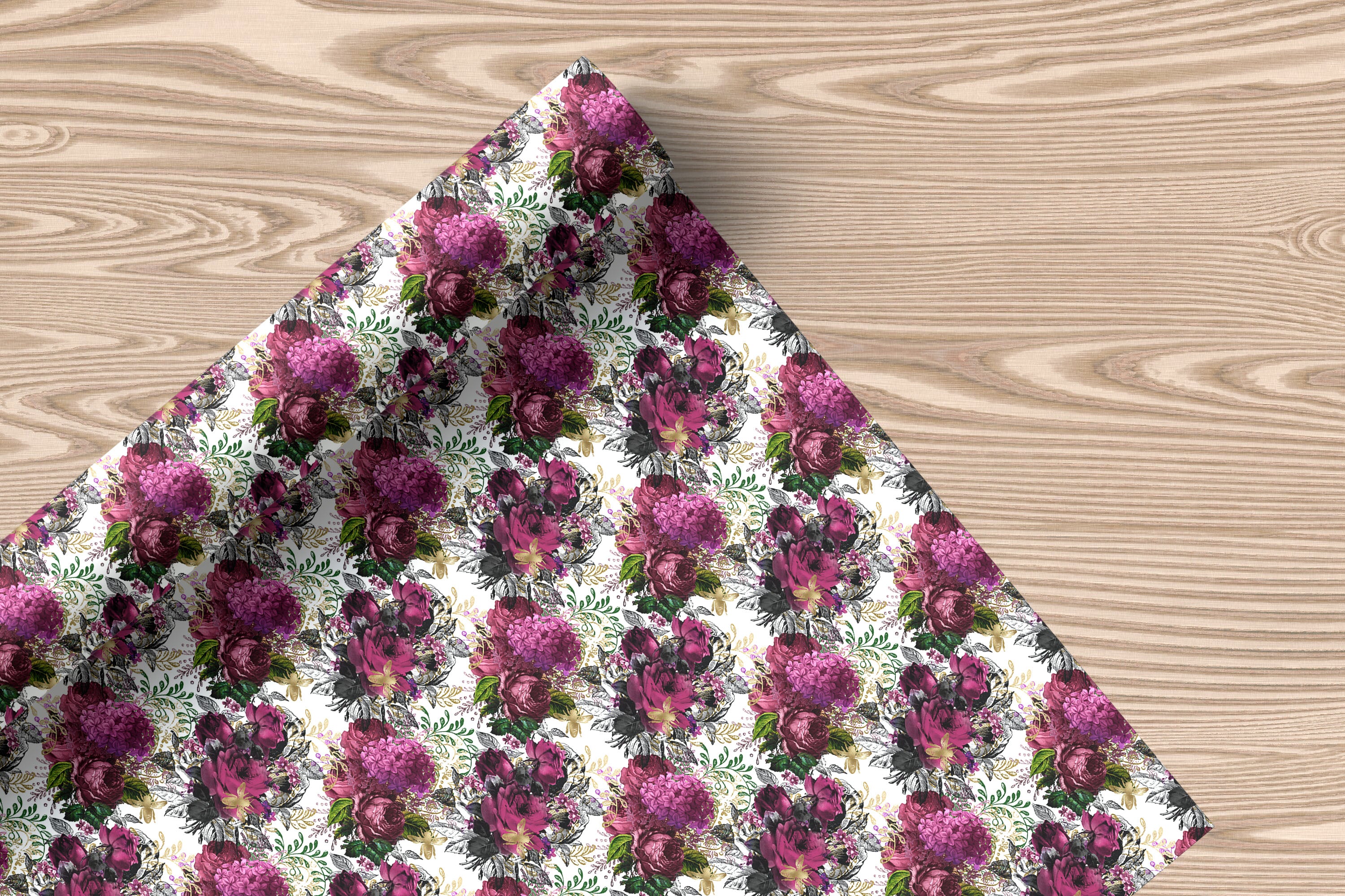 White Floral Wrapping Paper – Elegant Gift Wrap with Vintage Pink and Purple Flower Design