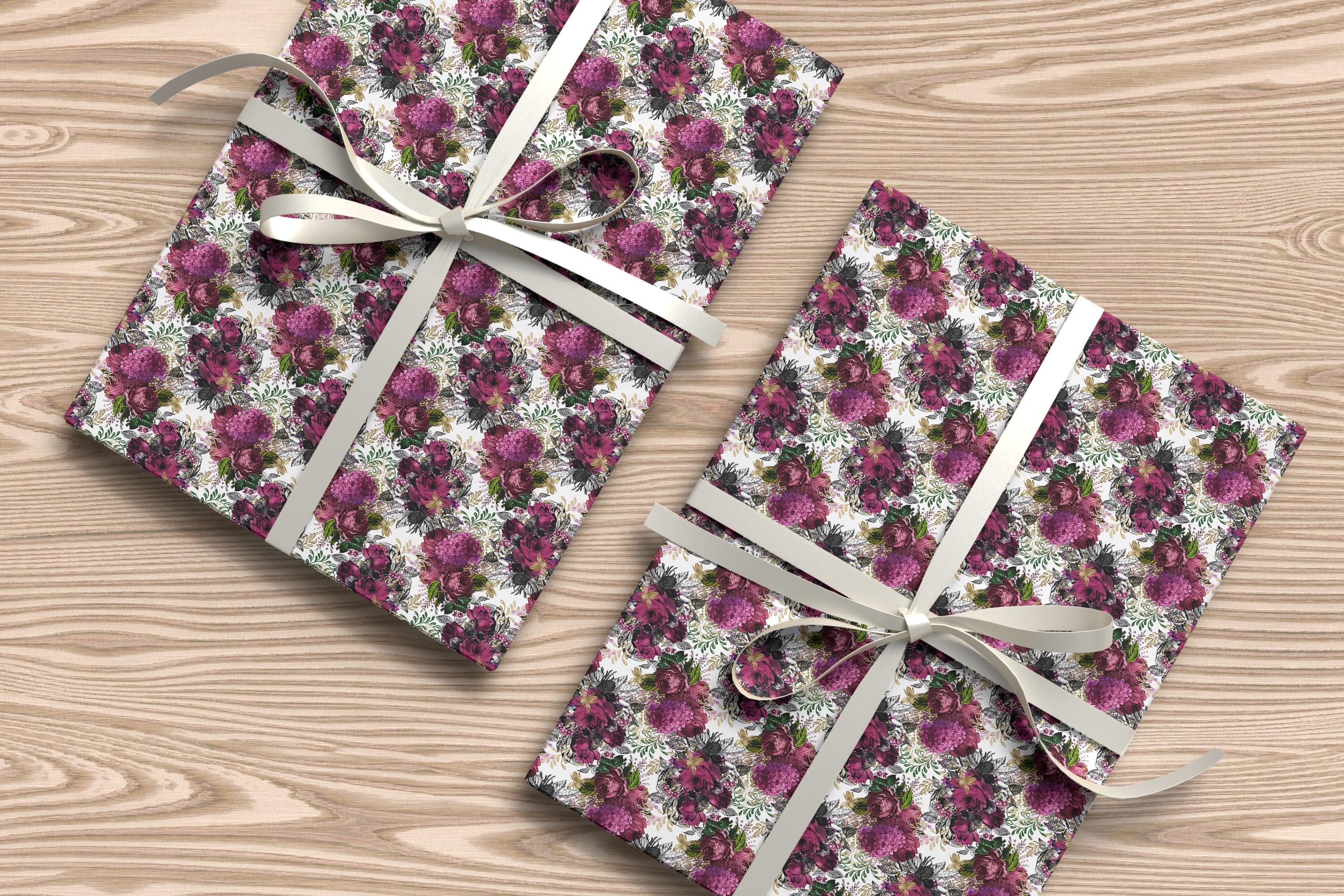 White Floral Wrapping Paper – Elegant Gift Wrap with Vintage Pink and Purple Flower Design