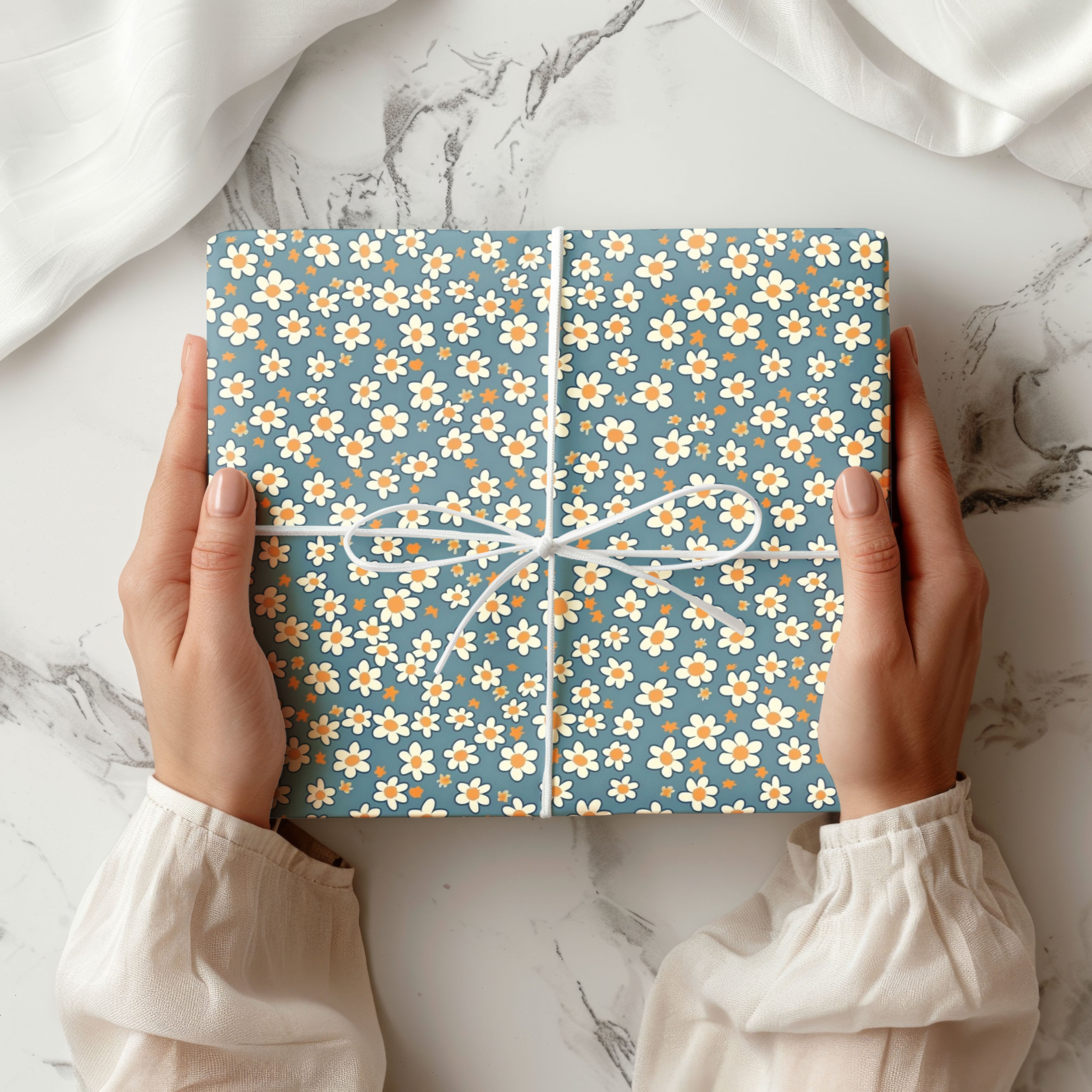Blue Daisy Wrapping Paper – Retro Floral Gift Wrap with White and Yellow Flowers