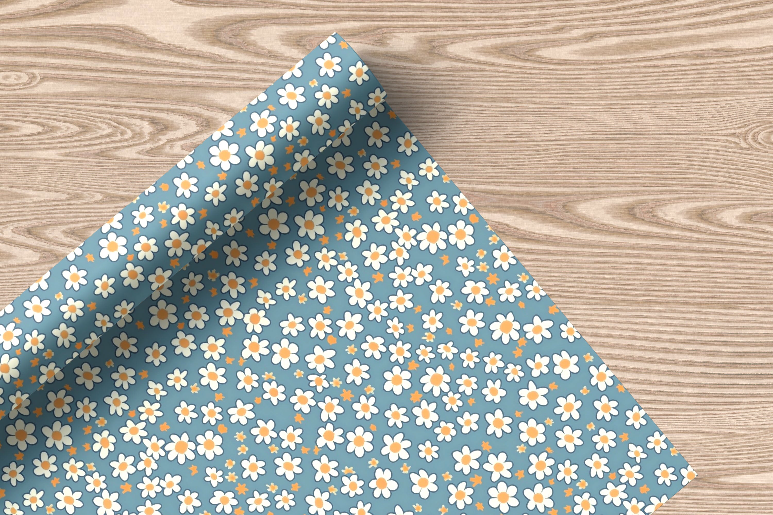 Blue Daisy Wrapping Paper – Retro Floral Gift Wrap with White and Yellow Flowers