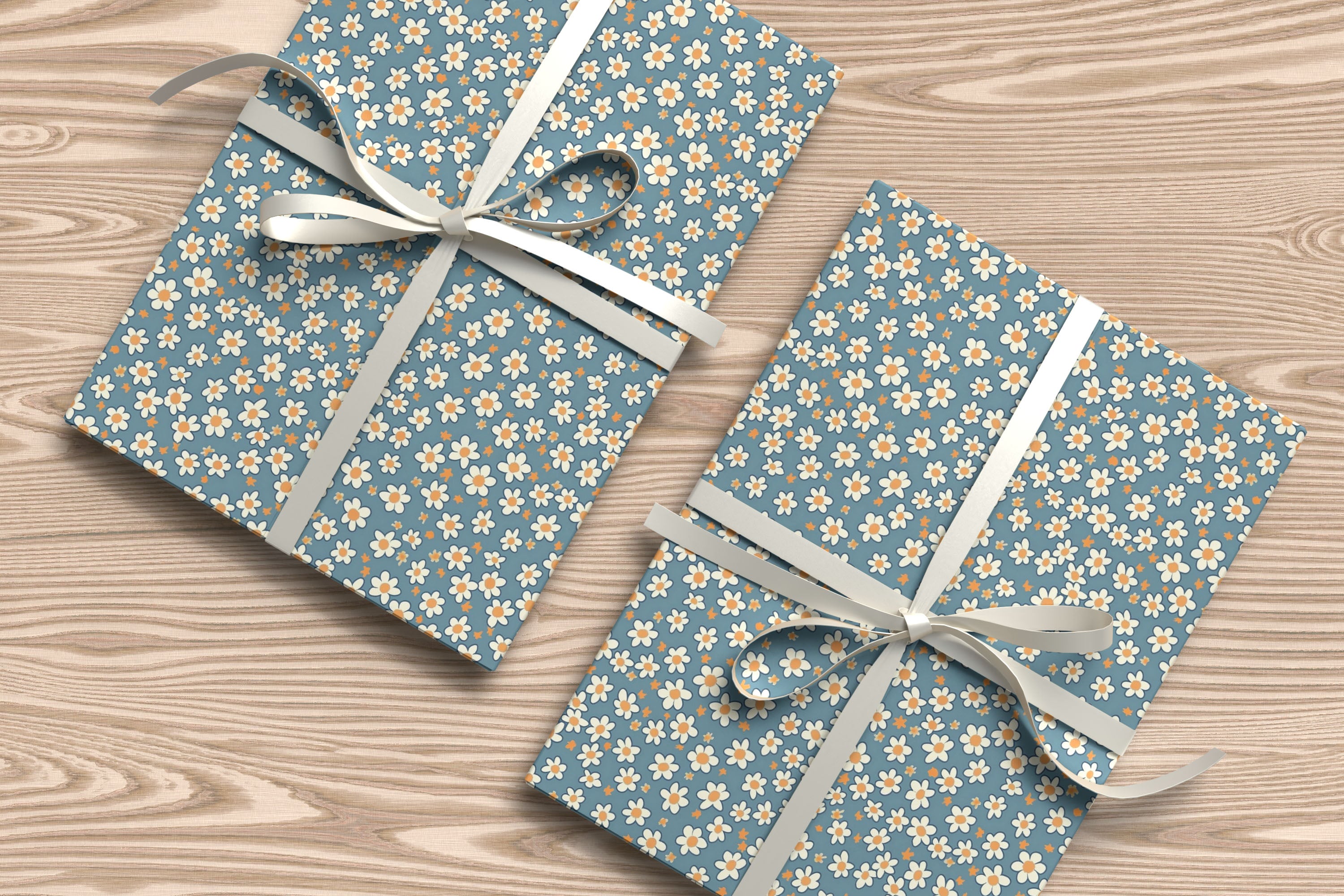 Blue Daisy Wrapping Paper – Retro Floral Gift Wrap with White and Yellow Flowers