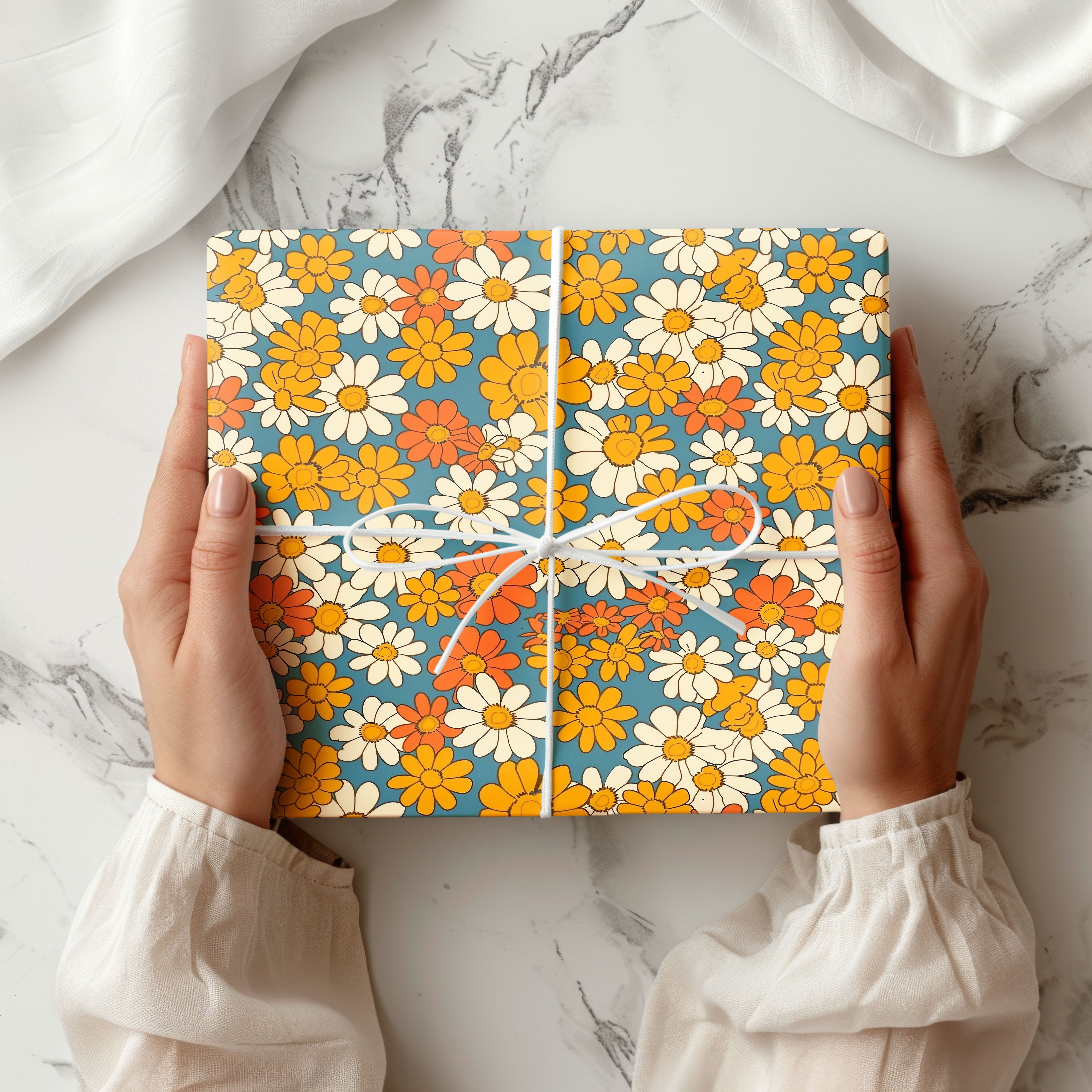 Retro Daisy Flower Gift Wrap – Orange & Yellow 70s Style Wrapping Paper