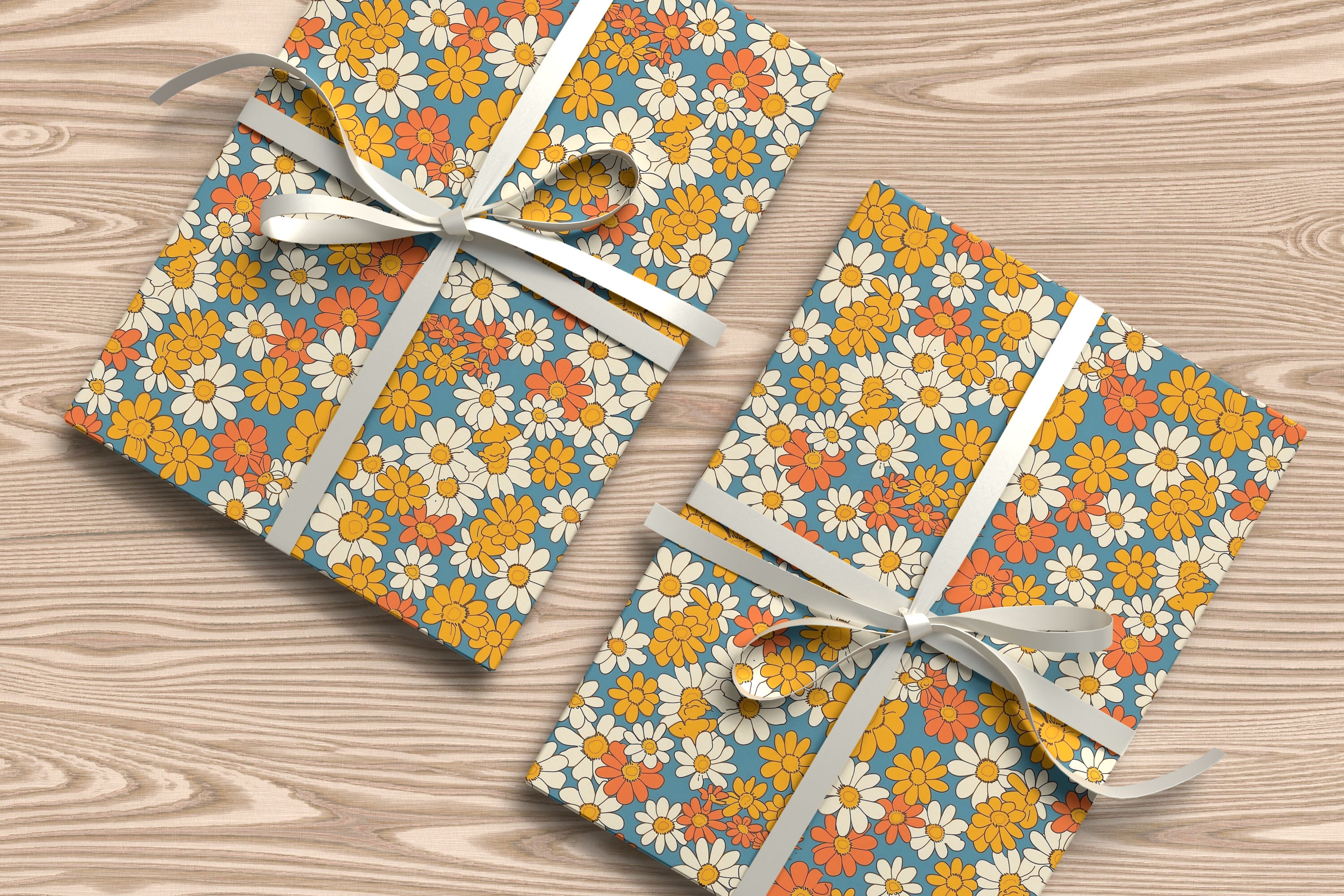 Retro Daisy Flower Gift Wrap – Orange & Yellow 70s Style Wrapping Paper