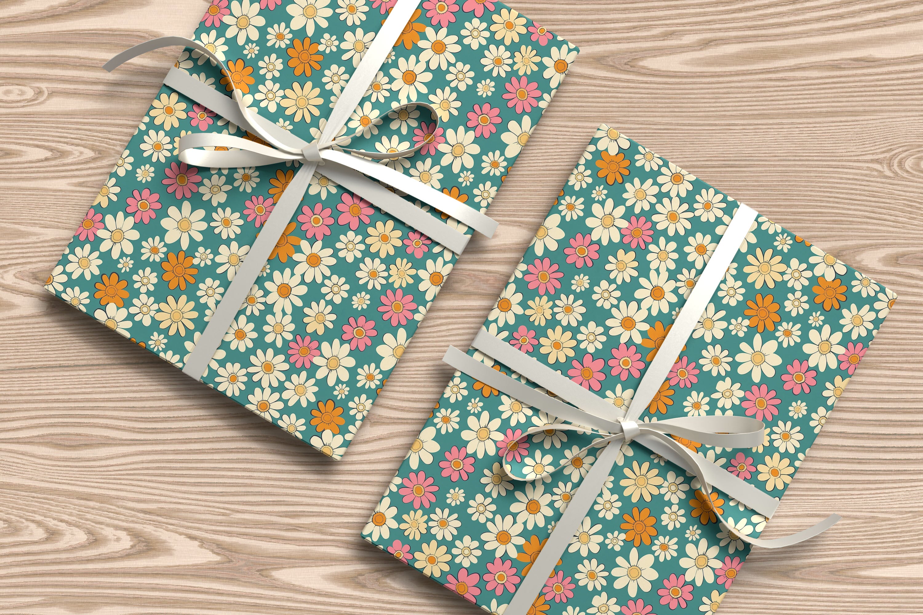 Vintage Daisy Floral Wrapping Paper – Retro Pink, Orange & Cream Gift Wrap