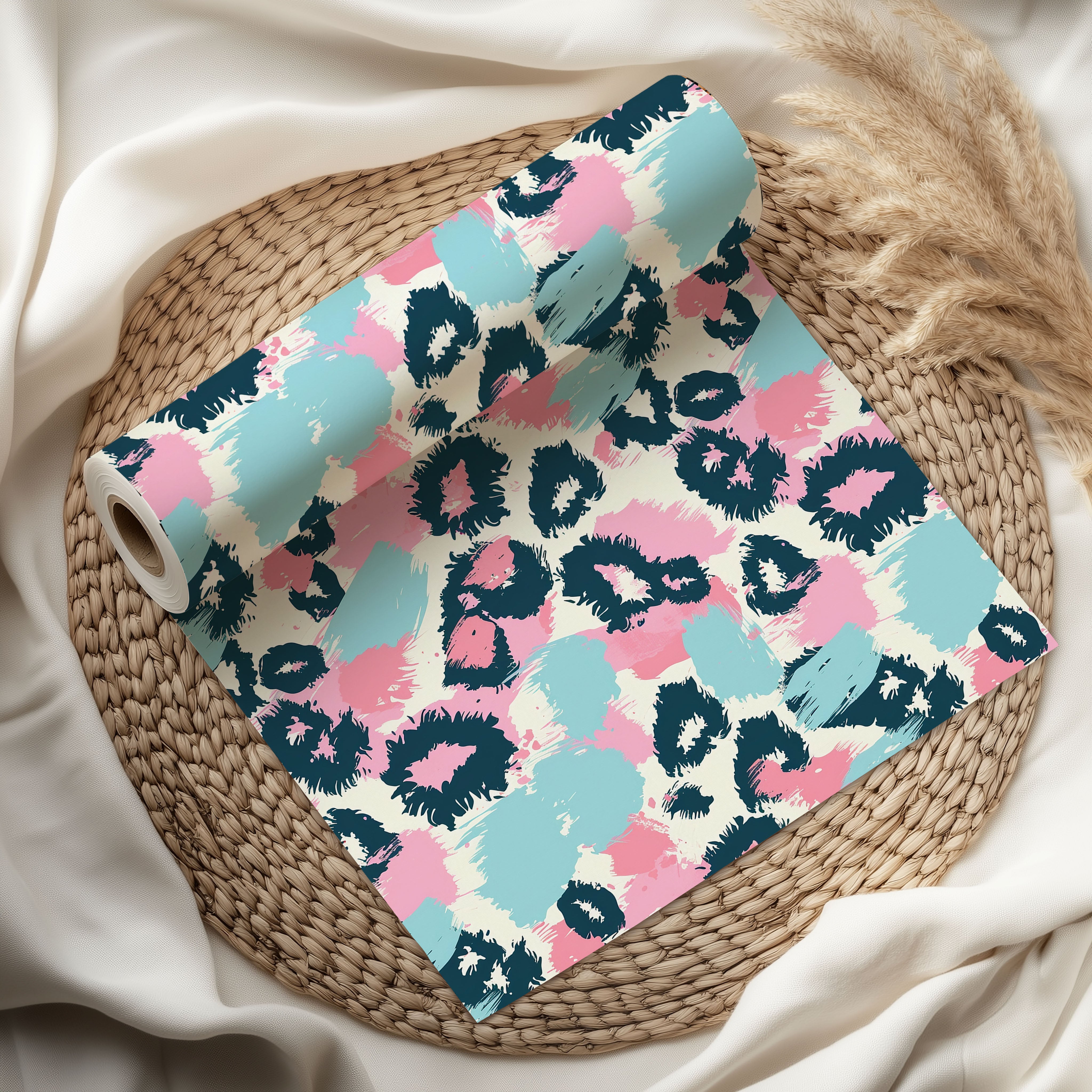 Pastel Leopard Print Wrapping Paper – Pink, Mint & Navy Brushstroke Gift Wrap