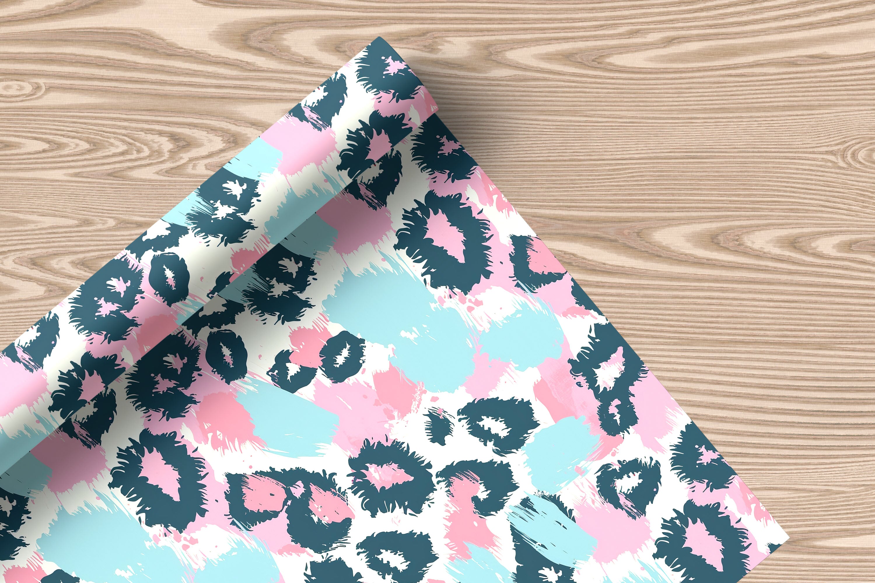 Pastel Leopard Print Wrapping Paper – Pink, Mint & Navy Brushstroke Gift Wrap