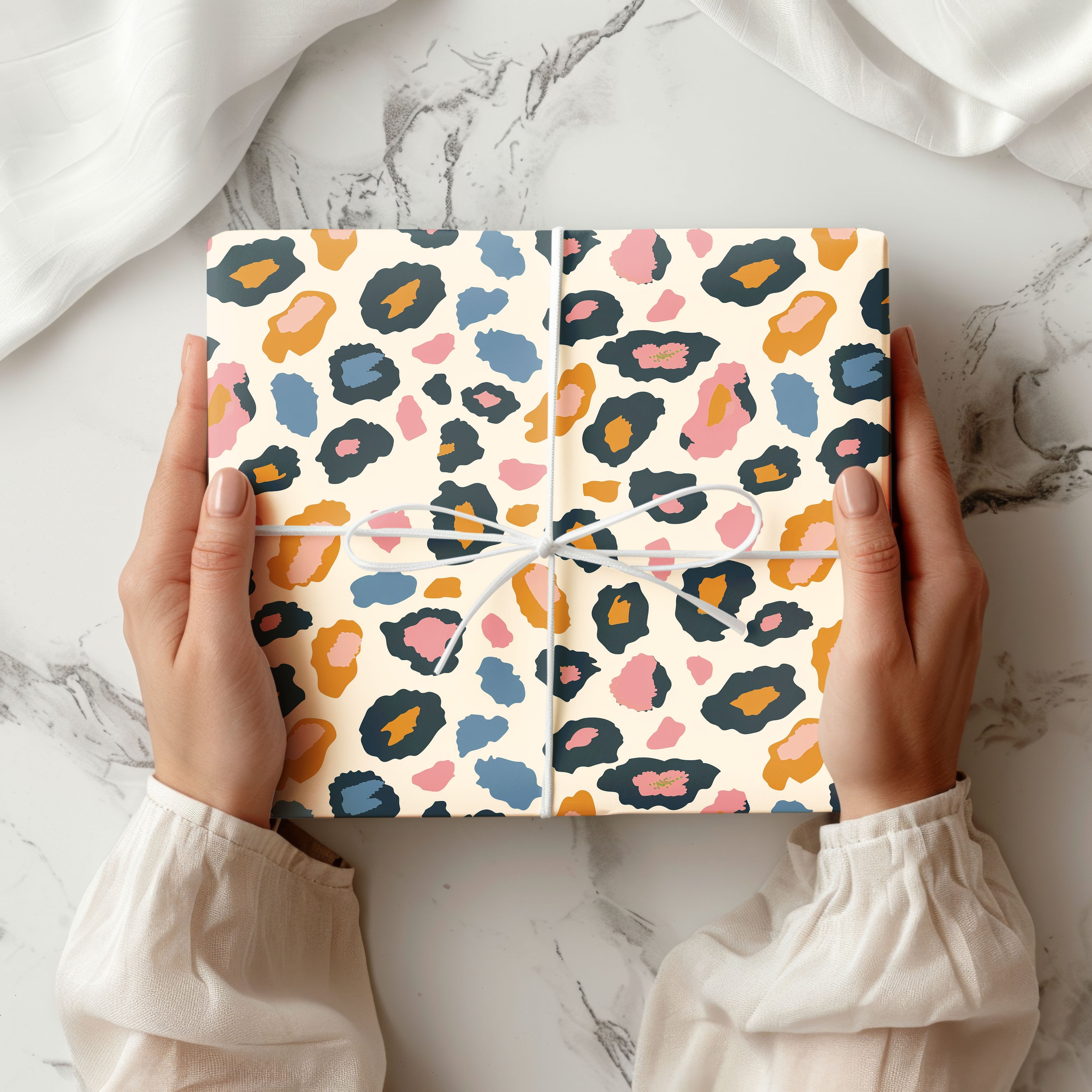 Bold Leopard Print Wrapping Paper – Pink, Mustard & Navy Gift Wrap on Cream Background