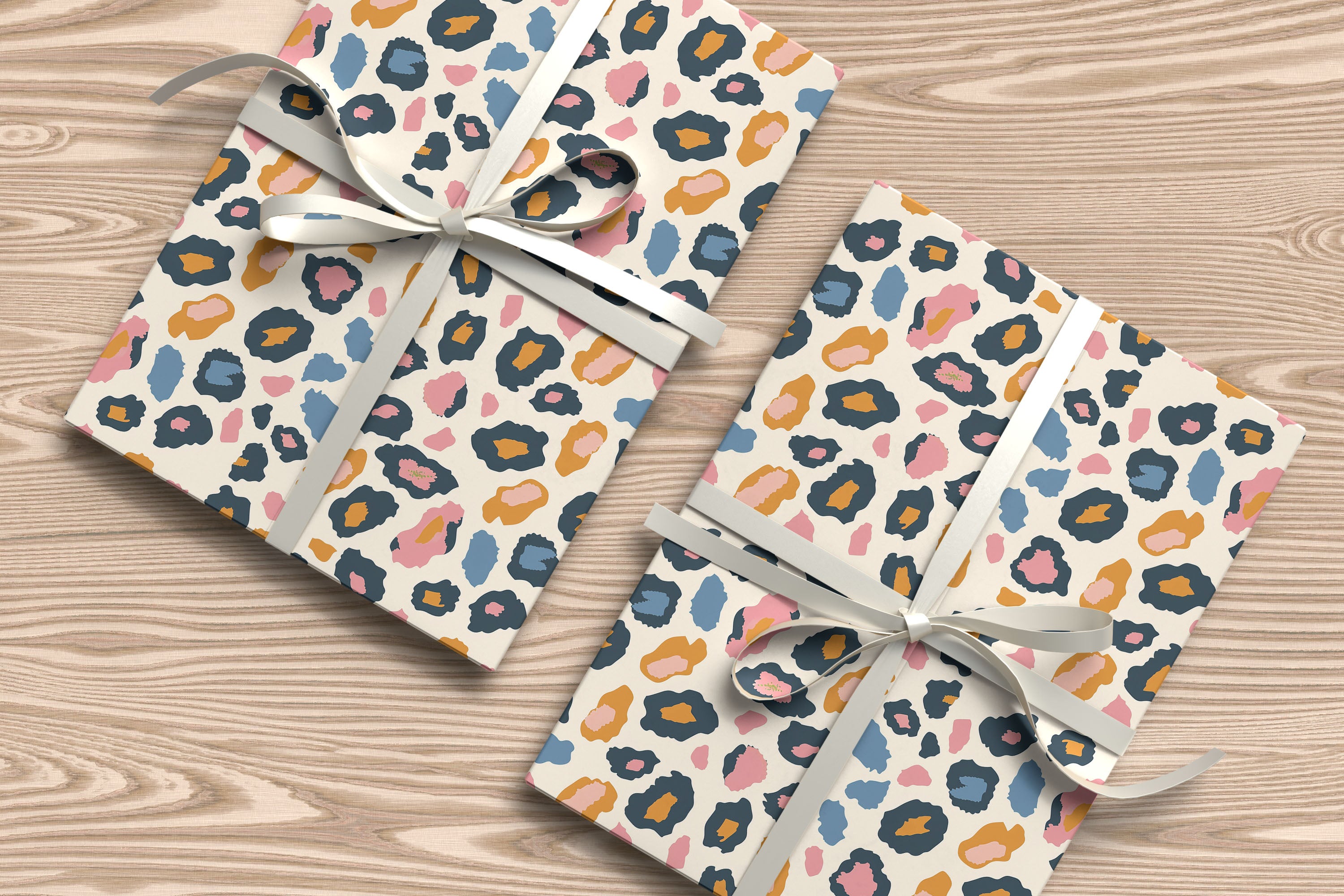 Bold Leopard Print Wrapping Paper – Pink, Mustard & Navy Gift Wrap on Cream Background