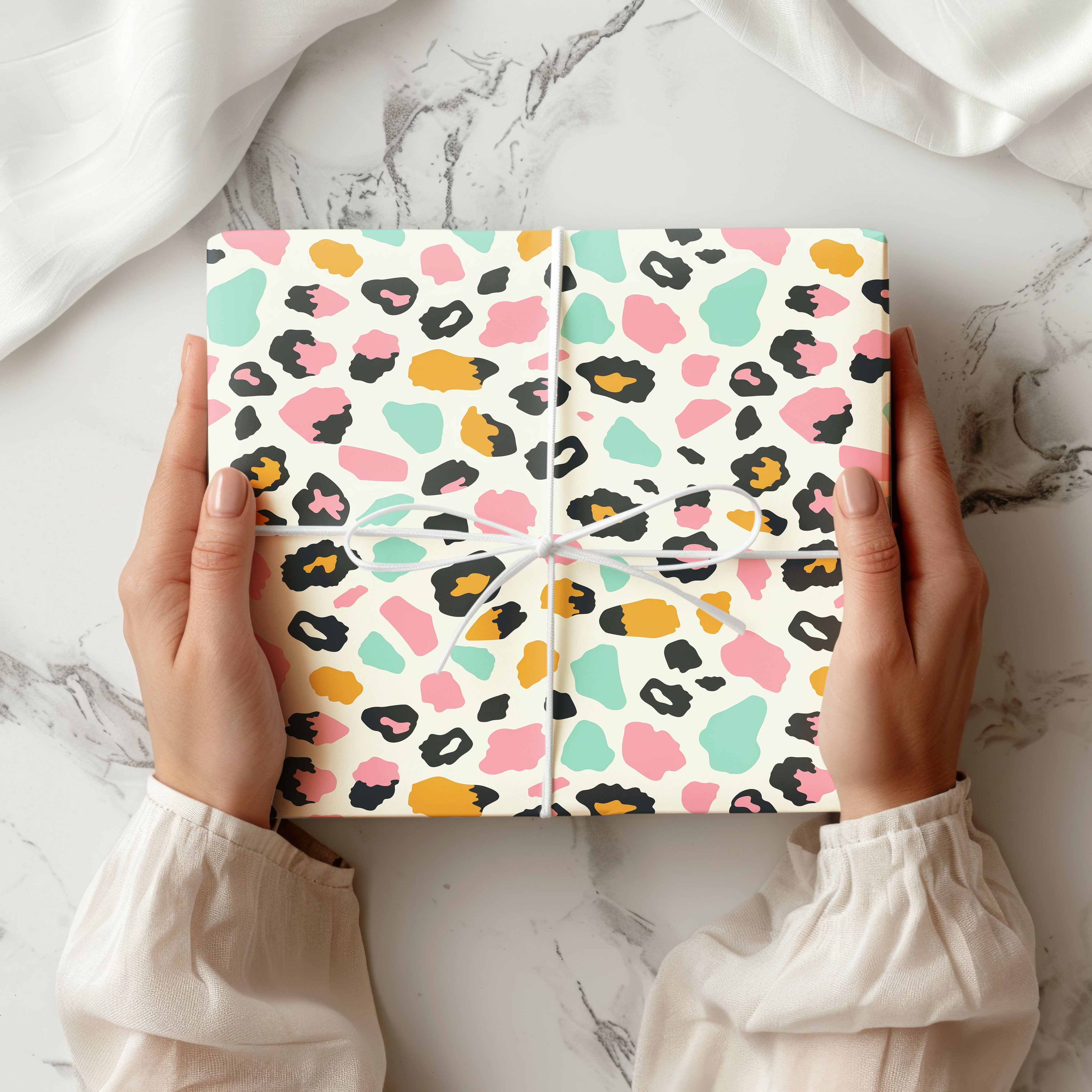 Leopard Print Wrapping Paper – Pastel Pink, Mint & Mustard Cheetah Gift Wrap on Cream