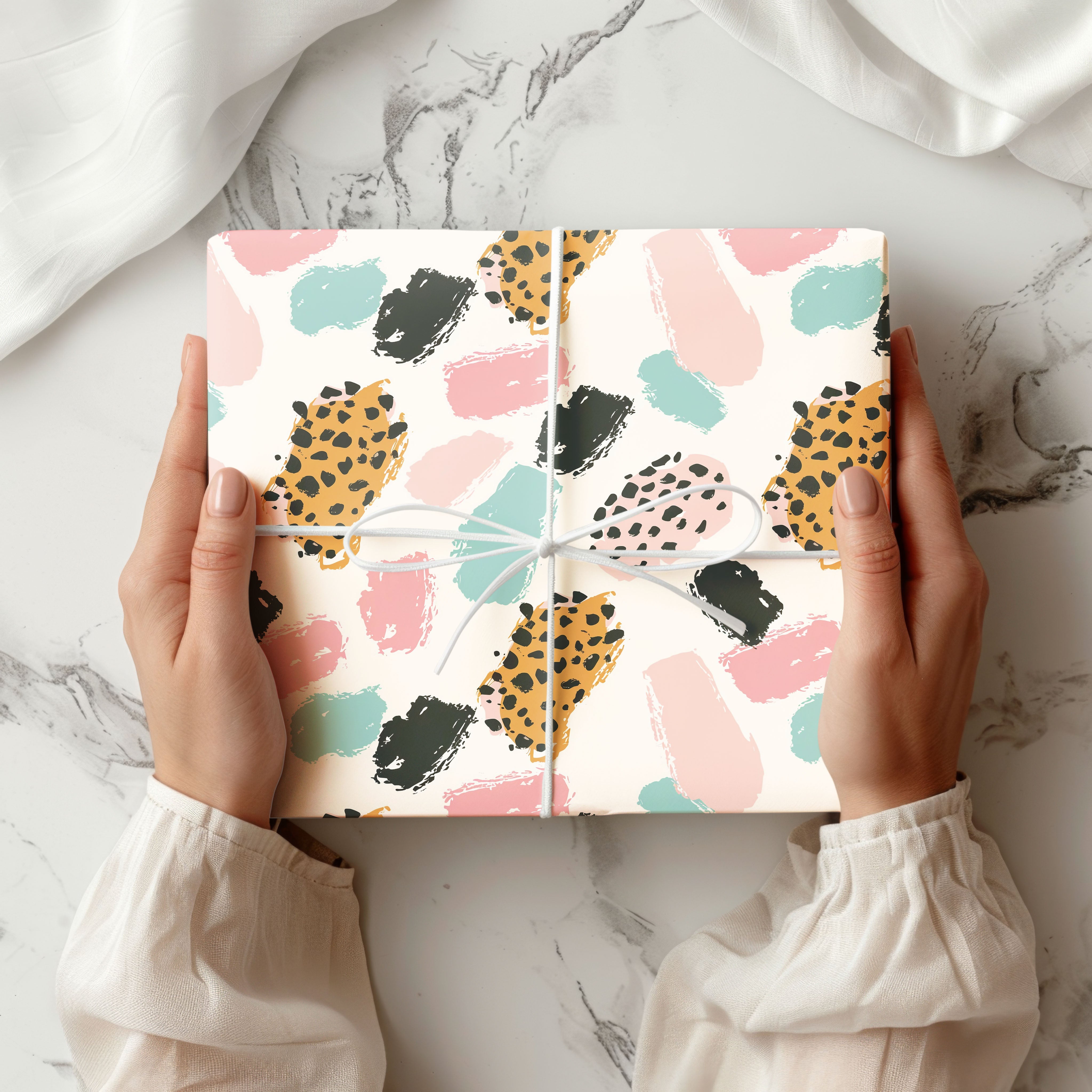 Pastel Brush Stroke Wrapping Paper – Abstract Animal Print Gift Wrap with Pink, Mint & Mustard Spots