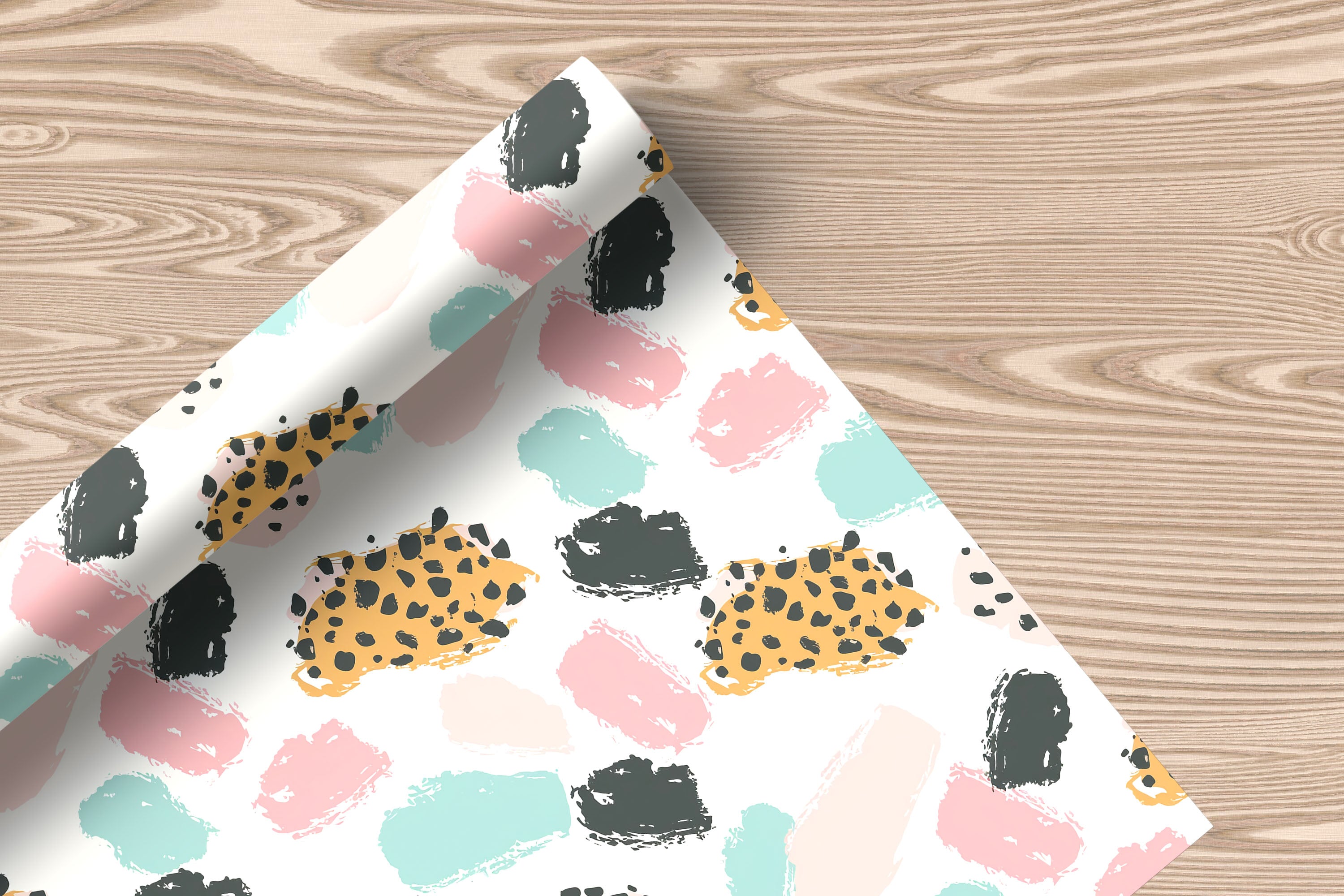 Pastel Brush Stroke Wrapping Paper – Abstract Animal Print Gift Wrap with Pink, Mint & Mustard Spots