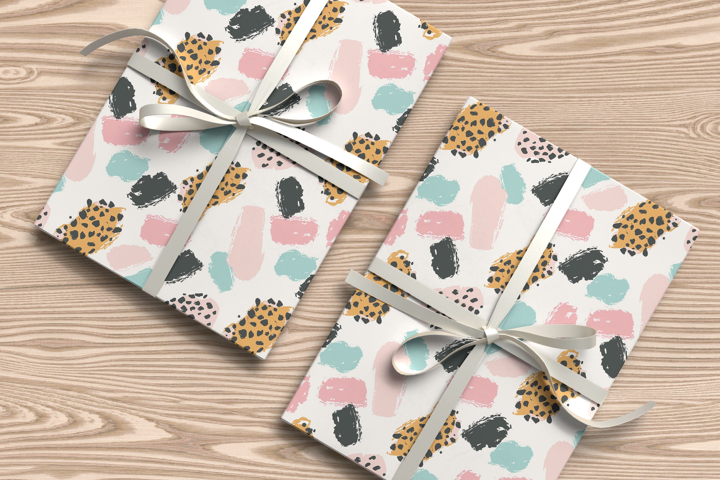 Pastel Brush Stroke Wrapping Paper – Abstract Animal Print Gift Wrap with Pink, Mint & Mustard Spots
