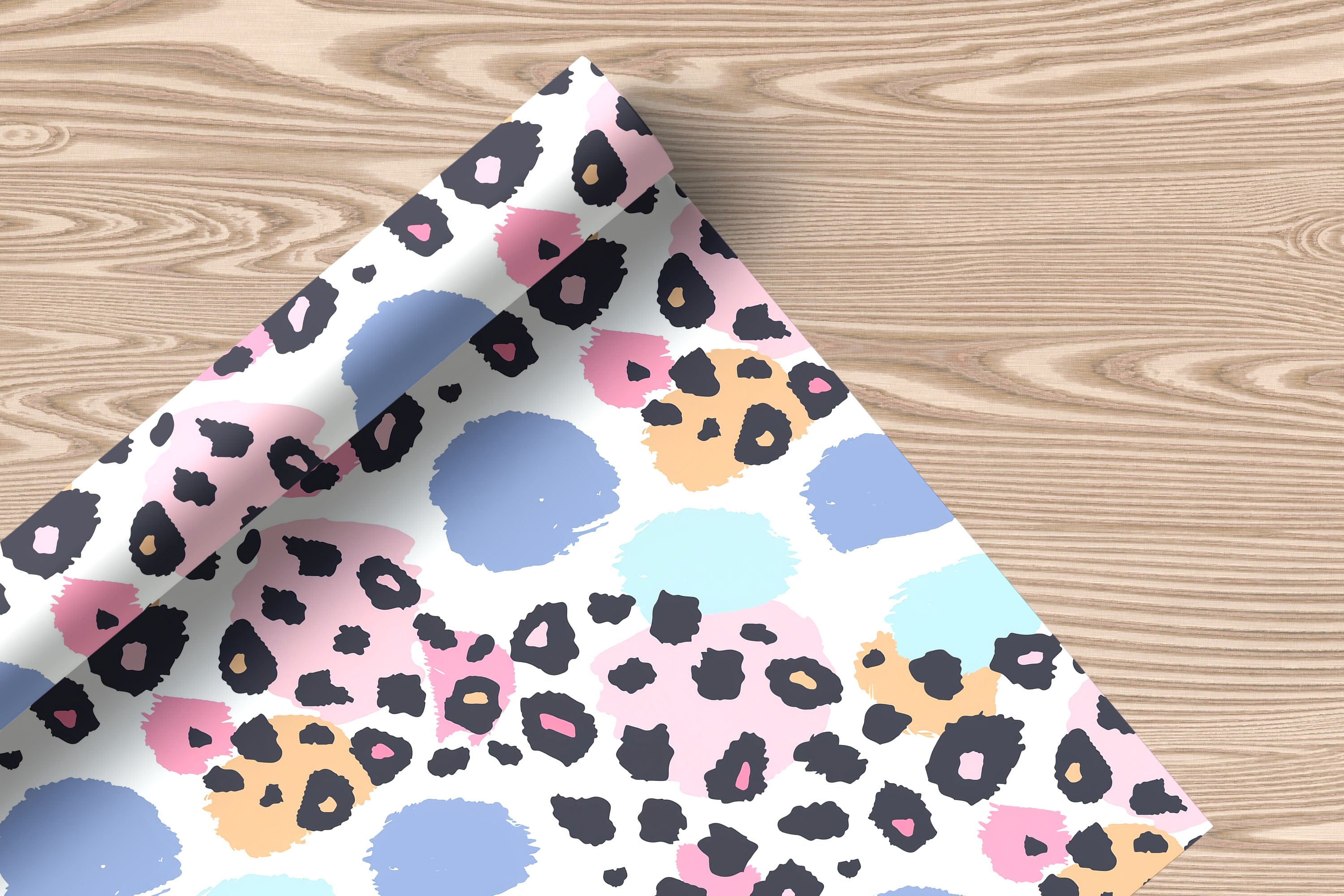 Pastel Leopard Print Wrapping Paper – Colourful Brush Stroke Gift Wrap in Pink, Blue & Mustard Spots