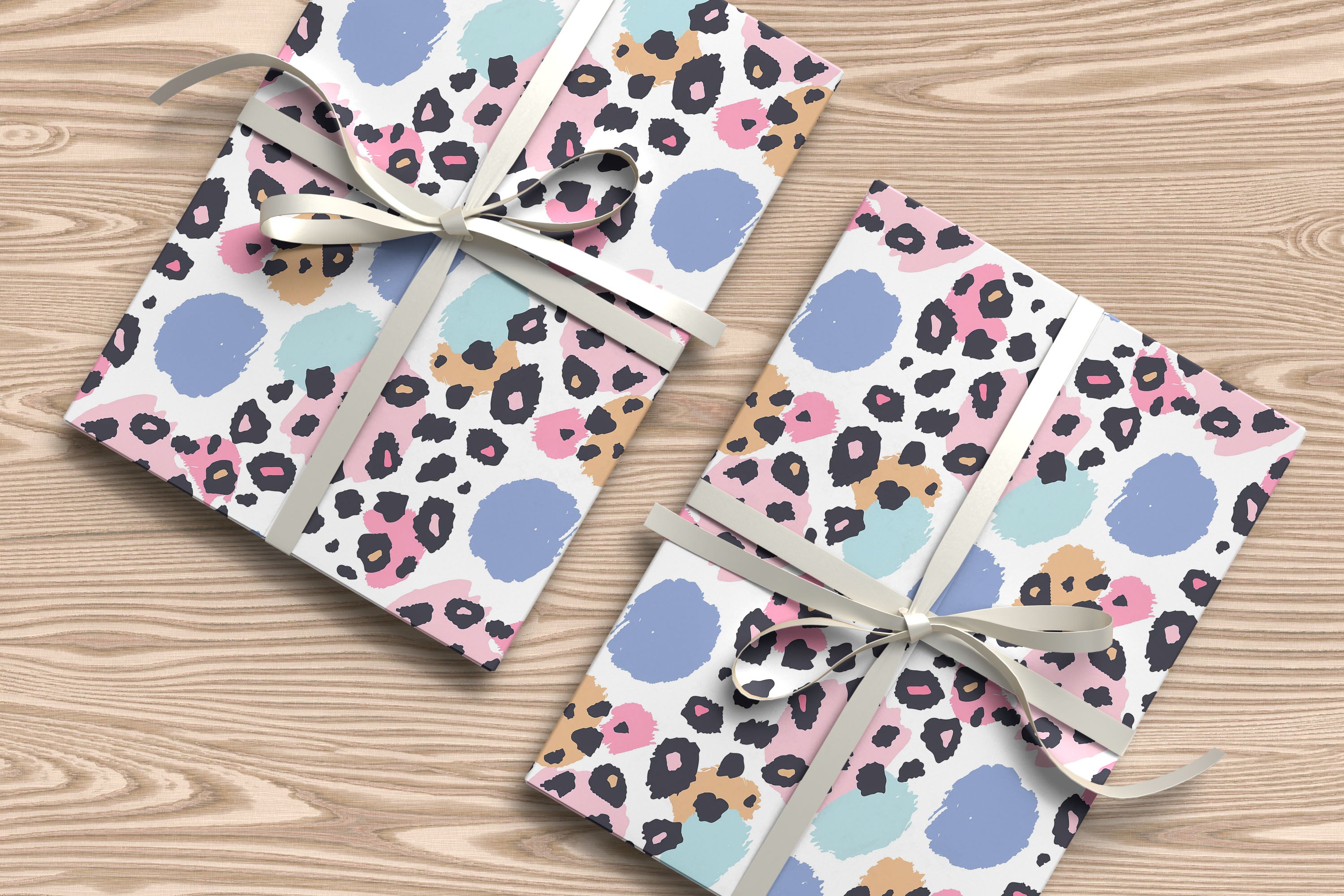 Pastel Leopard Print Wrapping Paper – Colourful Brush Stroke Gift Wrap in Pink, Blue & Mustard Spots