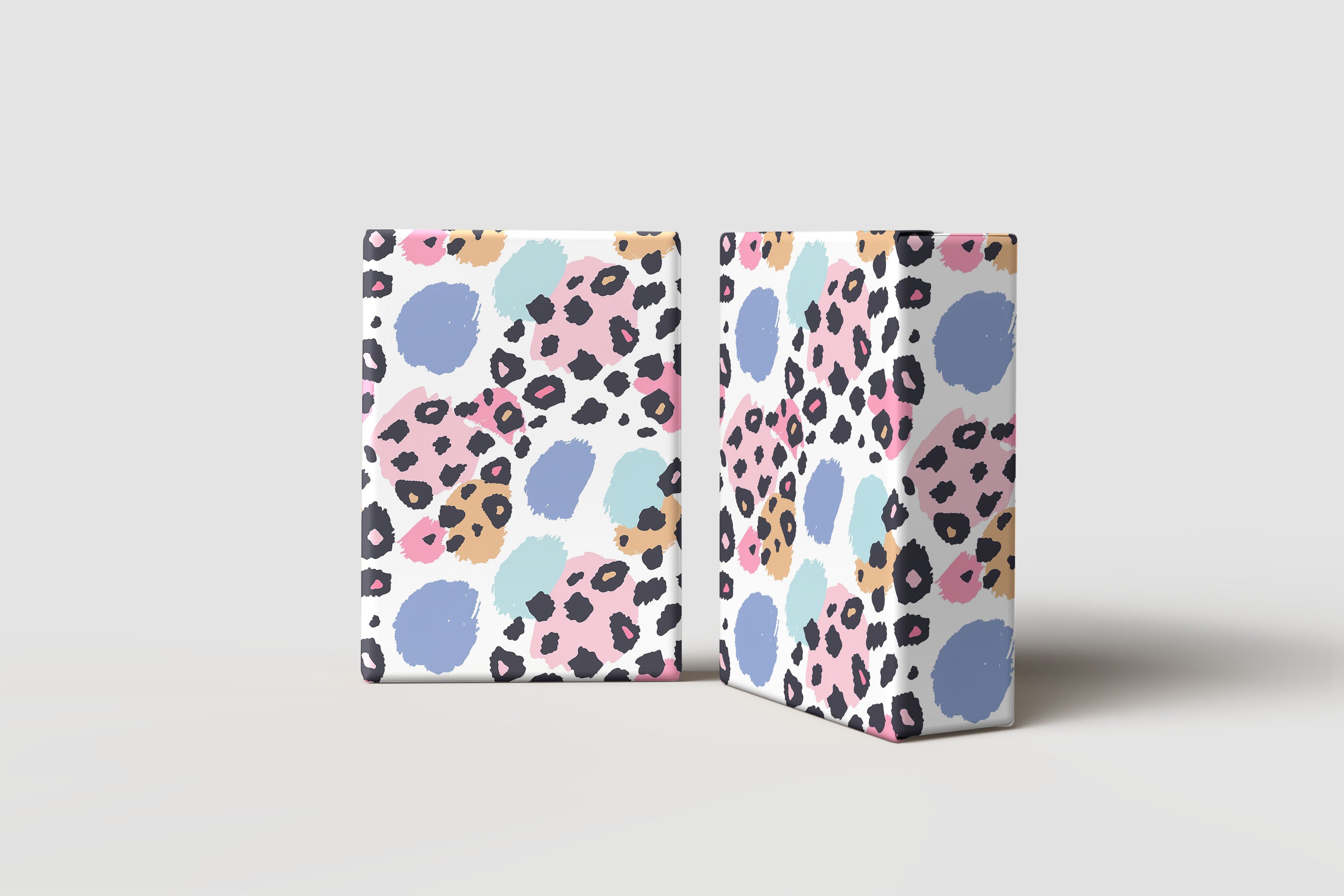 Pastel Leopard Print Wrapping Paper – Colourful Brush Stroke Gift Wrap in Pink, Blue & Mustard Spots