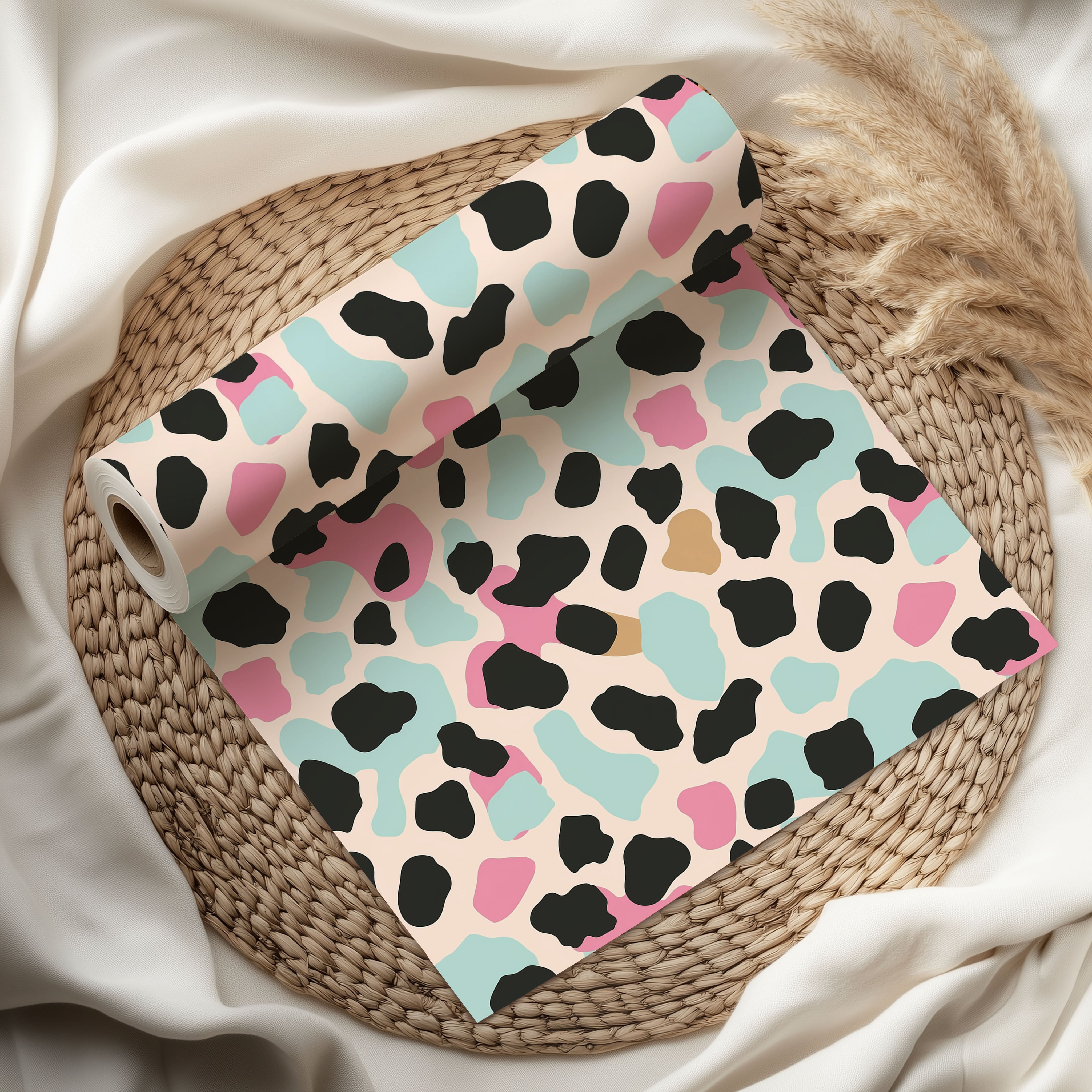 Pastel Leopard Print Wrapping Paper – Pink, Aqua & Beige Animal Spot Gift Wrap