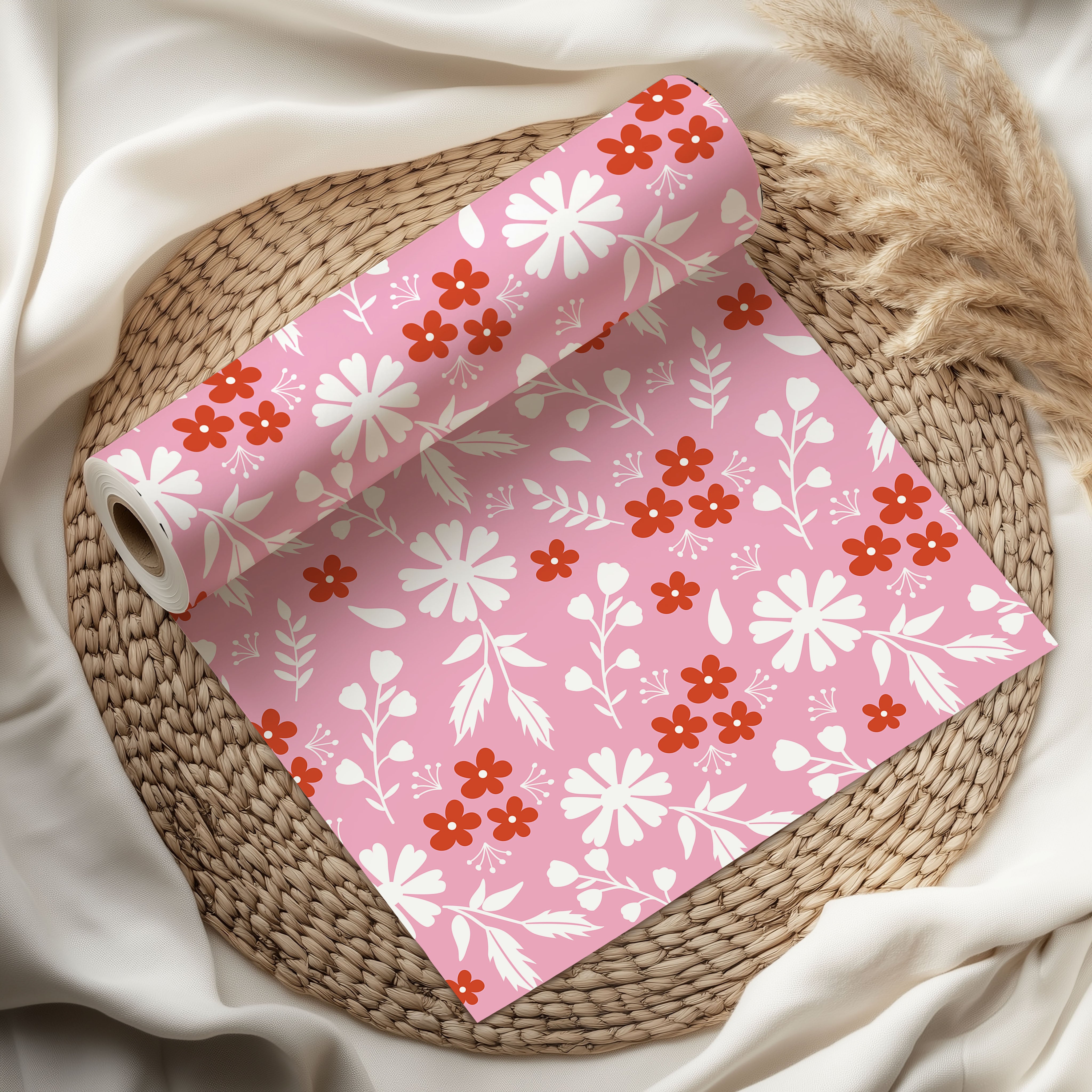 Retro Floral Wrapping Paper – Pink Background with White & Orange Daisy Print Gift Wrap