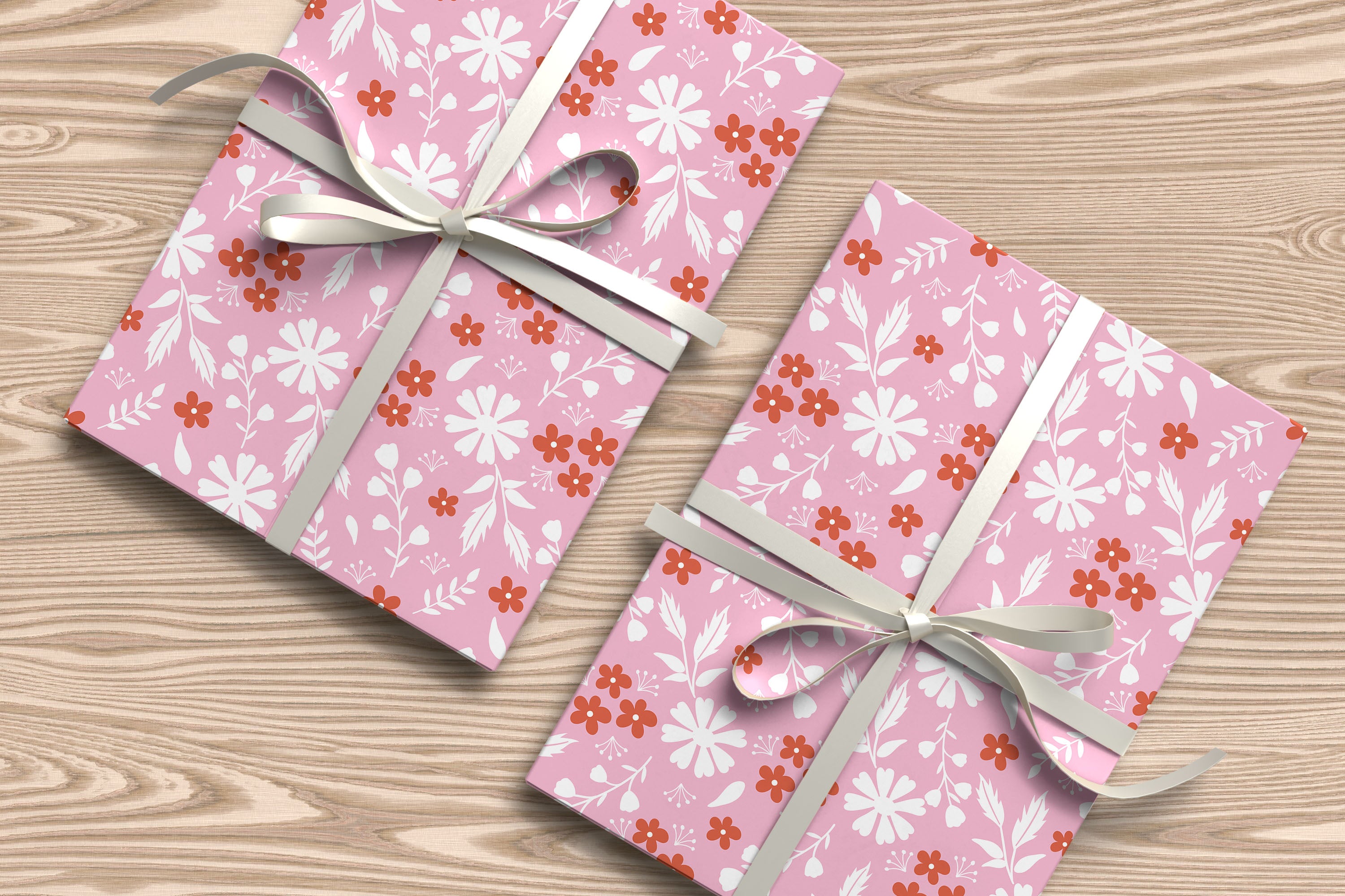 Retro Floral Wrapping Paper – Pink Background with White & Orange Daisy Print Gift Wrap