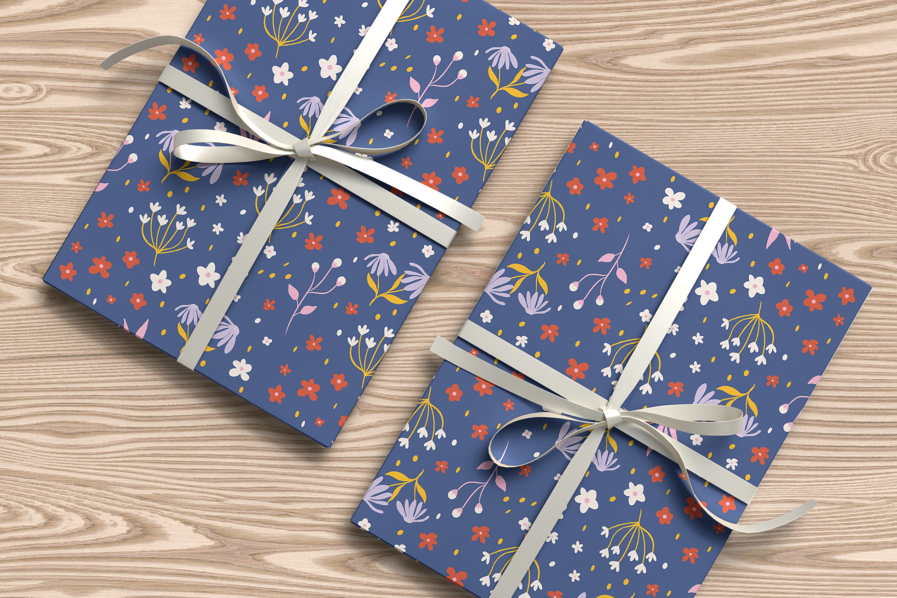 Whimsical Wildflower Wrapping Paper – Navy Blue Background with Pink, White & Orange Floral Gift Wrap