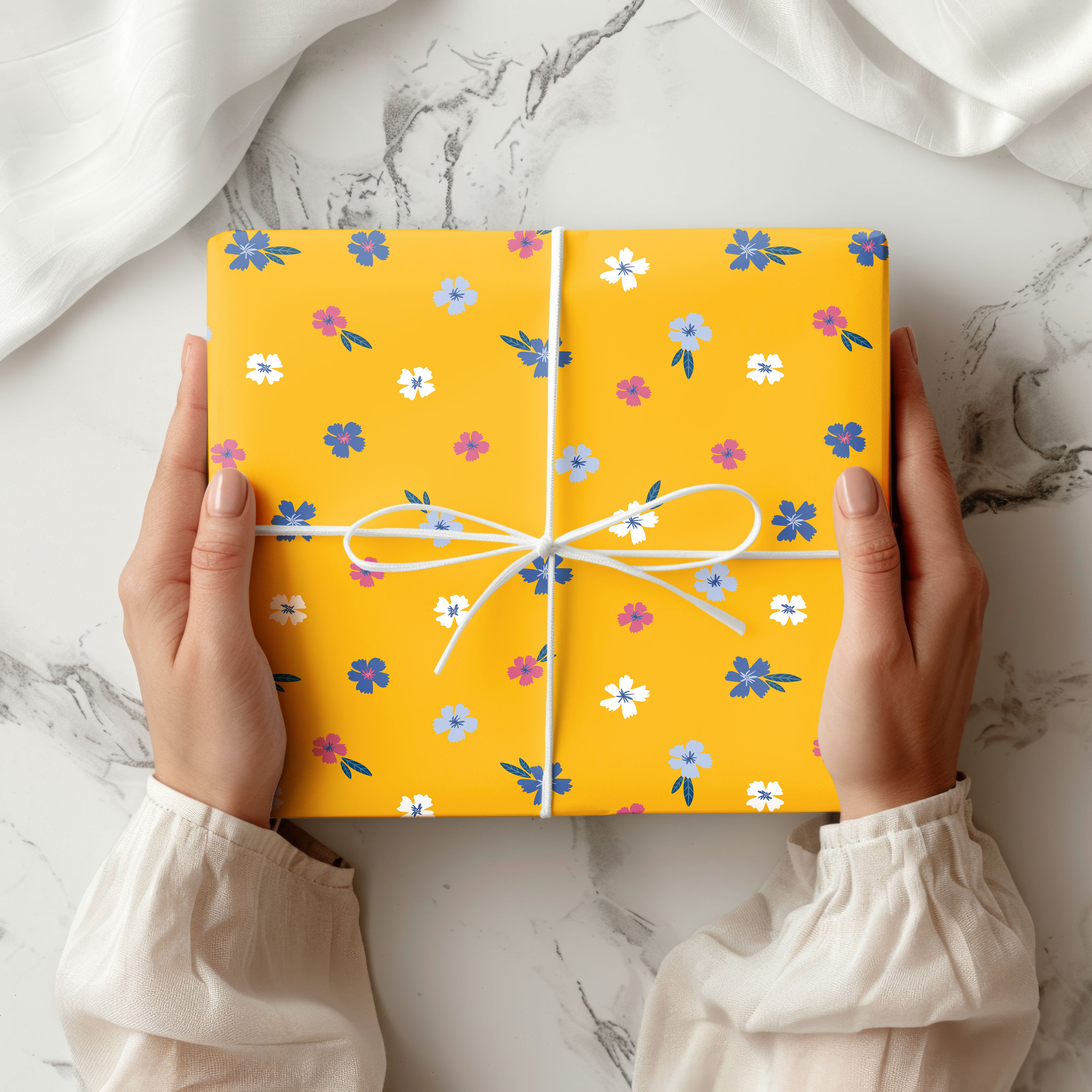 Bold Floral Wrapping Paper – Bright Yellow Gift Wrap with Blue, Pink & White Flowers