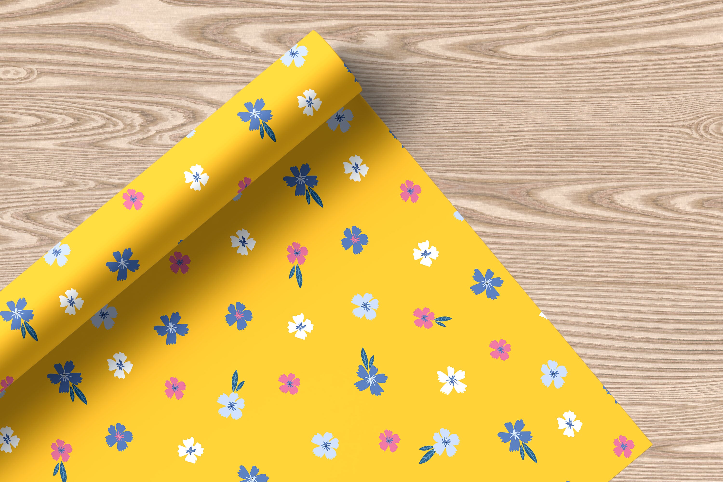 Bold Floral Wrapping Paper – Bright Yellow Gift Wrap with Blue, Pink & White Flowers