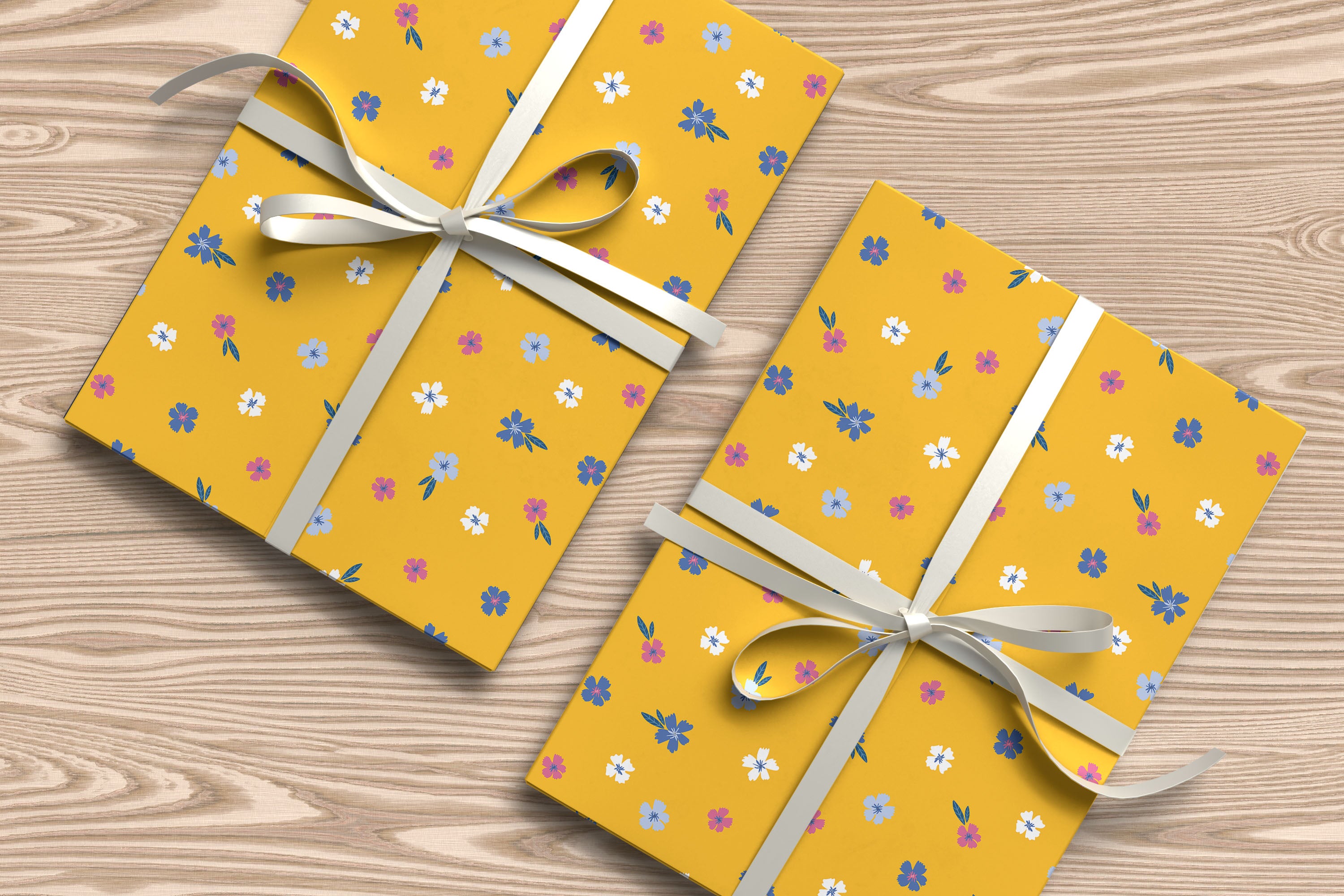 Bold Floral Wrapping Paper – Bright Yellow Gift Wrap with Blue, Pink & White Flowers