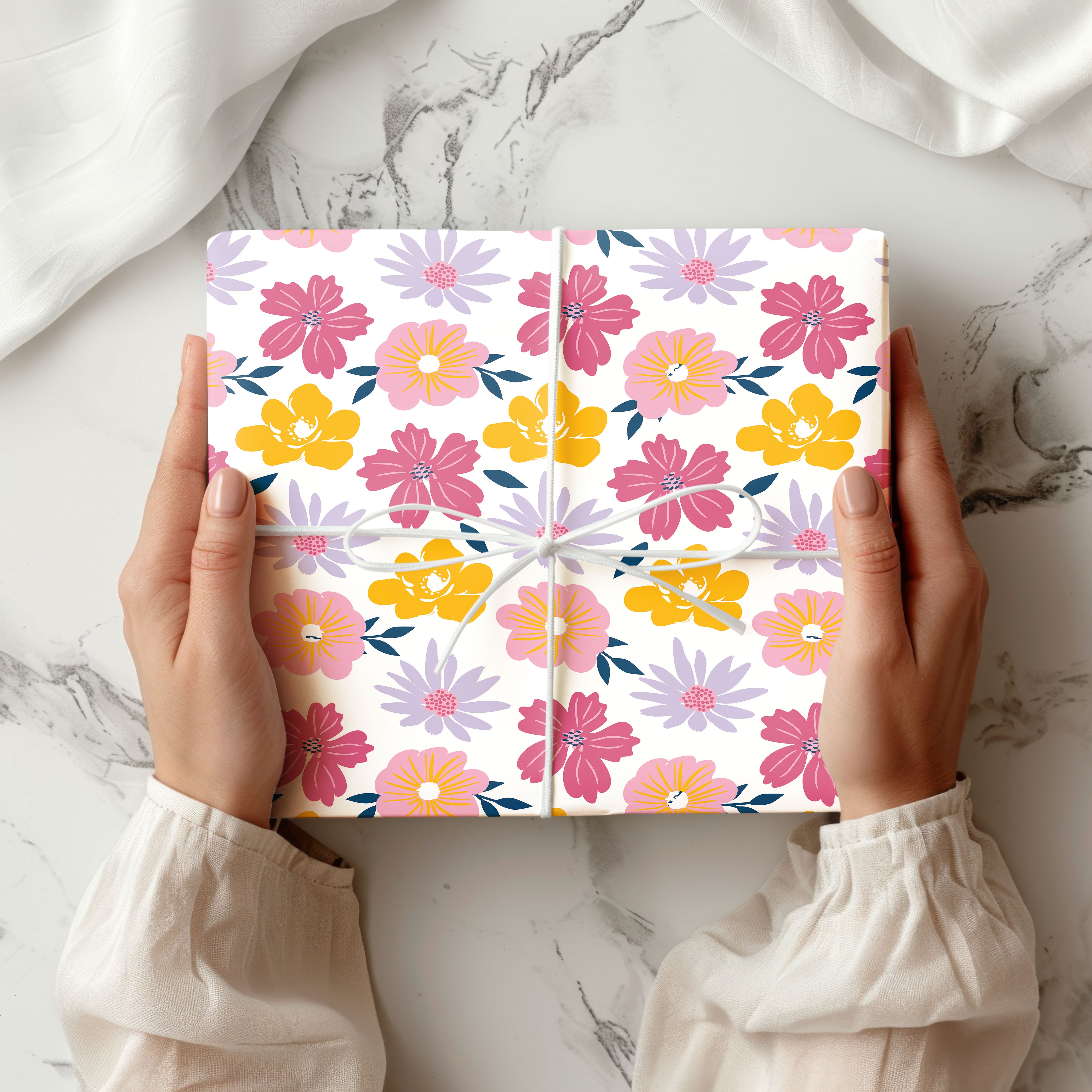 Colourful Floral Wrapping Paper – Pink, Yellow & Lilac Flower Gift Wrap on White Background