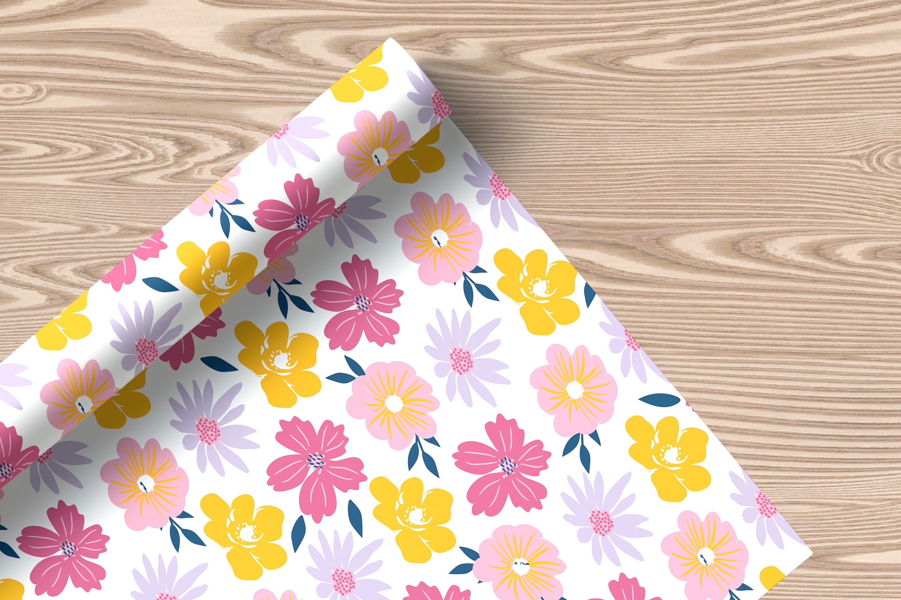 Colourful Floral Wrapping Paper – Pink, Yellow & Lilac Flower Gift Wrap on White Background