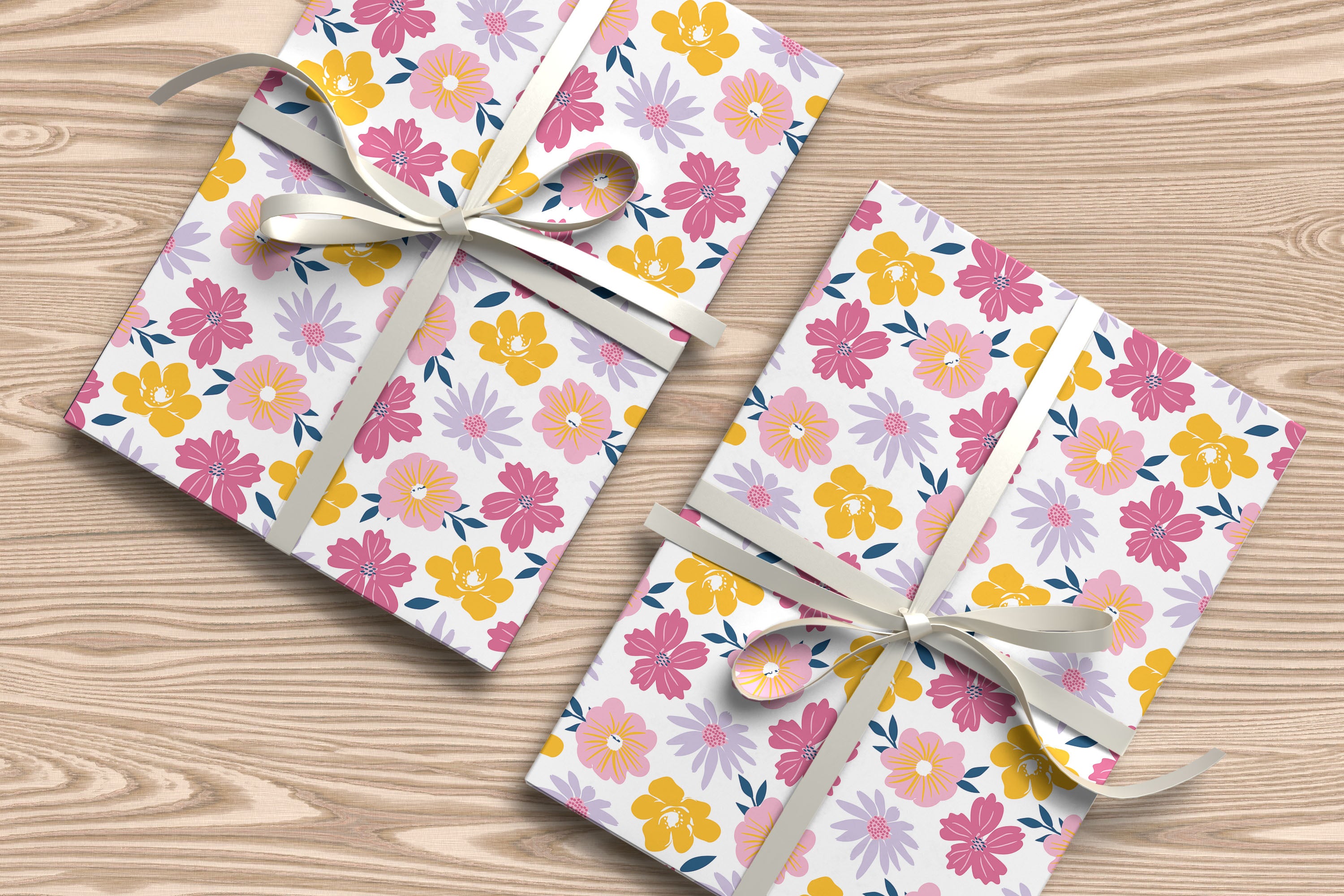 Colourful Floral Wrapping Paper – Pink, Yellow & Lilac Flower Gift Wrap on White Background