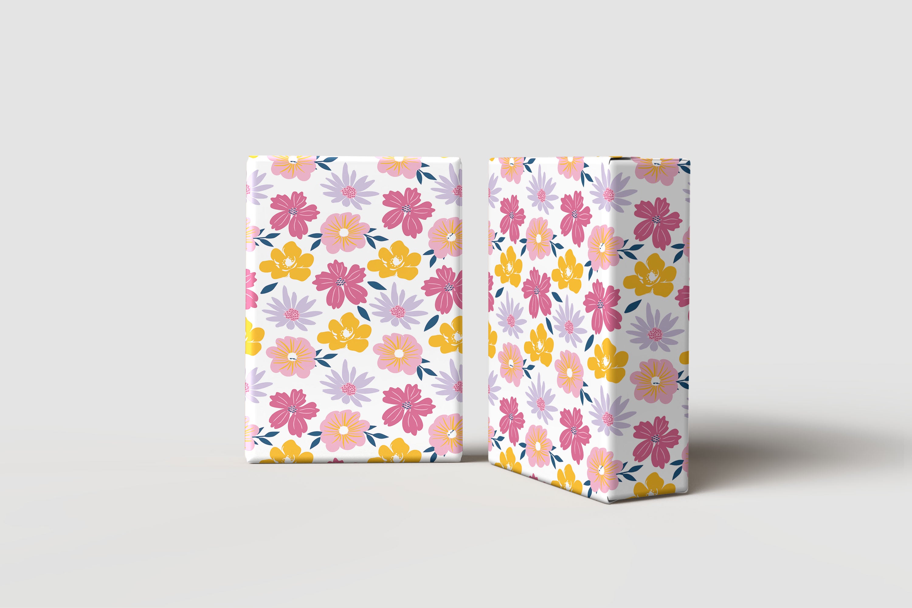 Colourful Floral Wrapping Paper – Pink, Yellow & Lilac Flower Gift Wrap on White Background