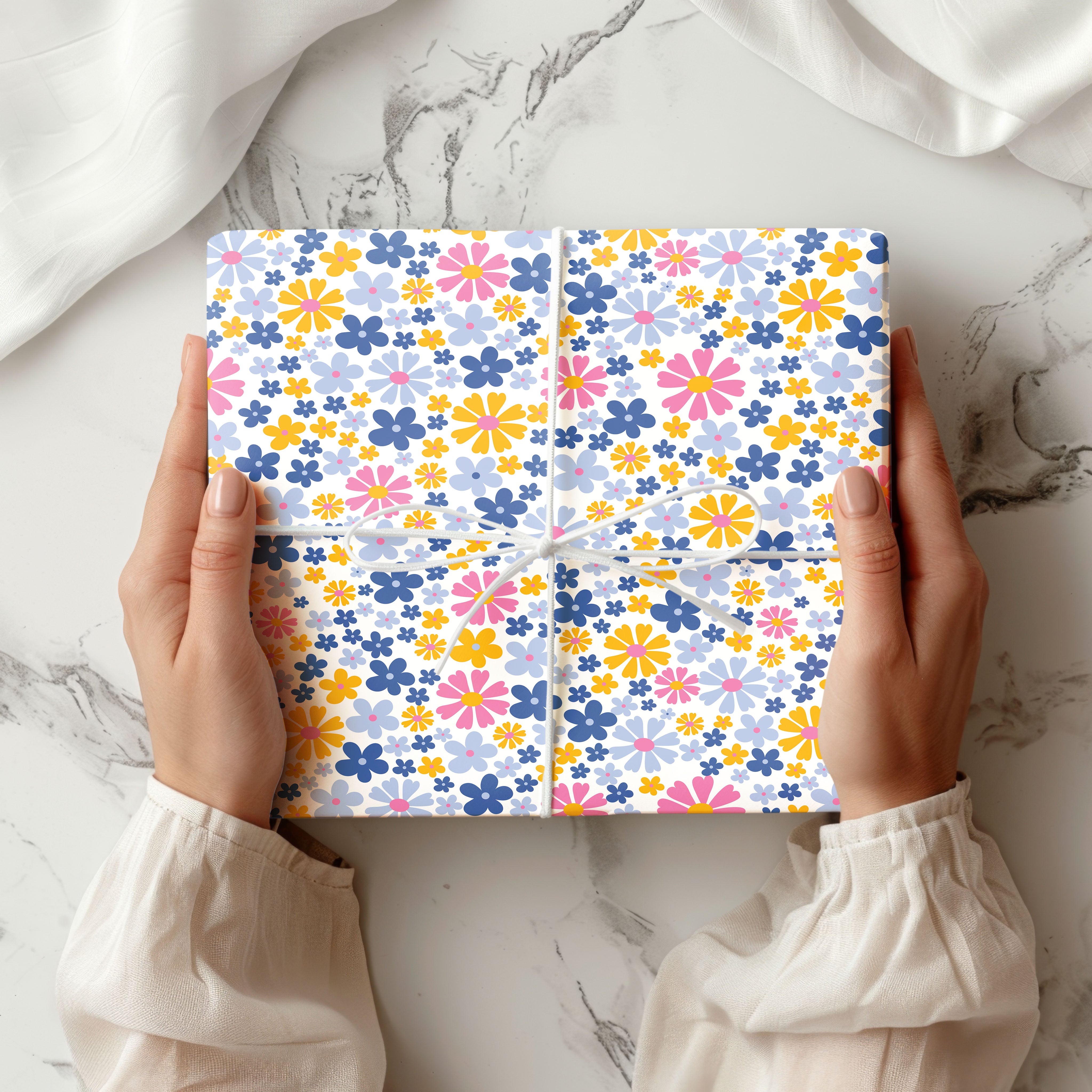 Retro Daisy Wrapping Paper – Colourful Pink, Blue & Yellow Flower Power Gift Wrap on White Background