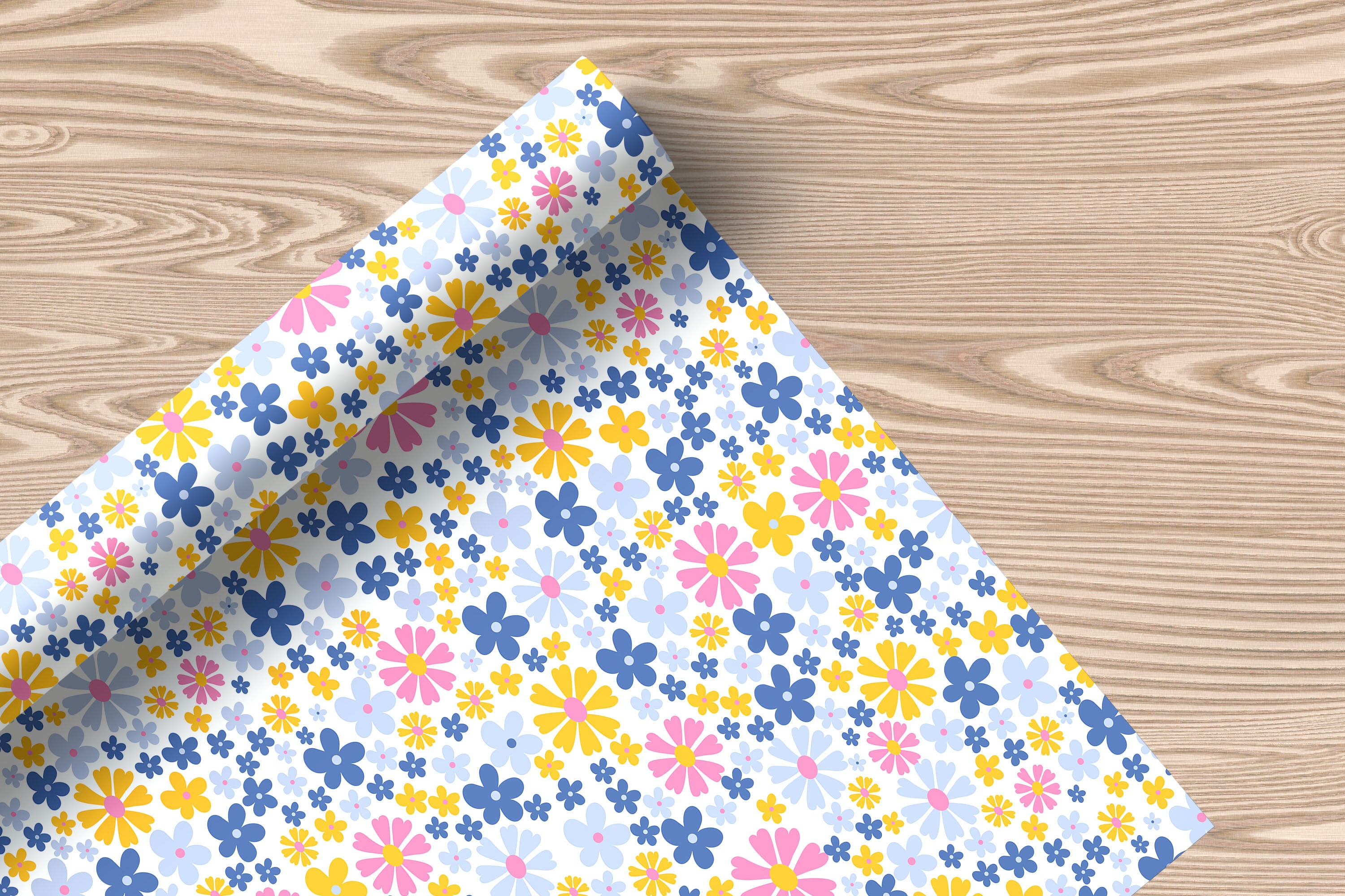 Retro Daisy Wrapping Paper – Colourful Pink, Blue & Yellow Flower Power Gift Wrap on White Background