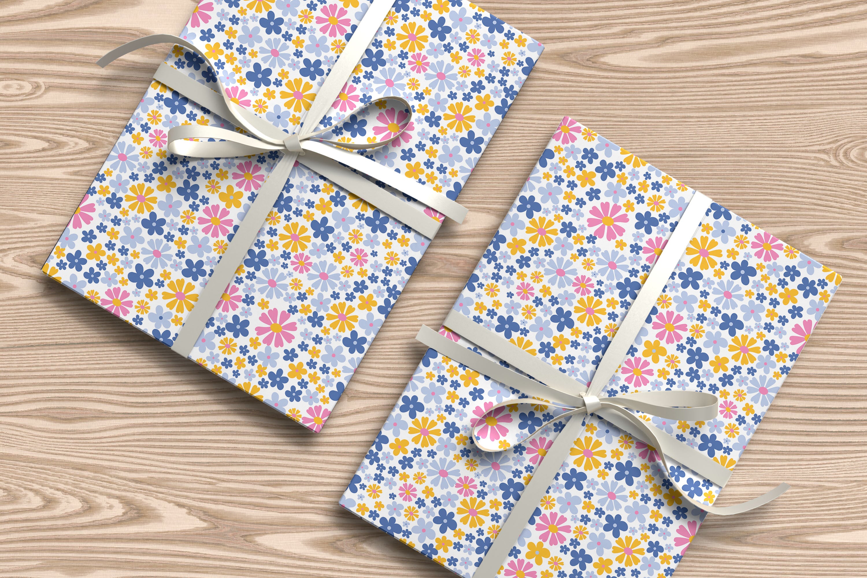 Retro Daisy Wrapping Paper – Colourful Pink, Blue & Yellow Flower Power Gift Wrap on White Background