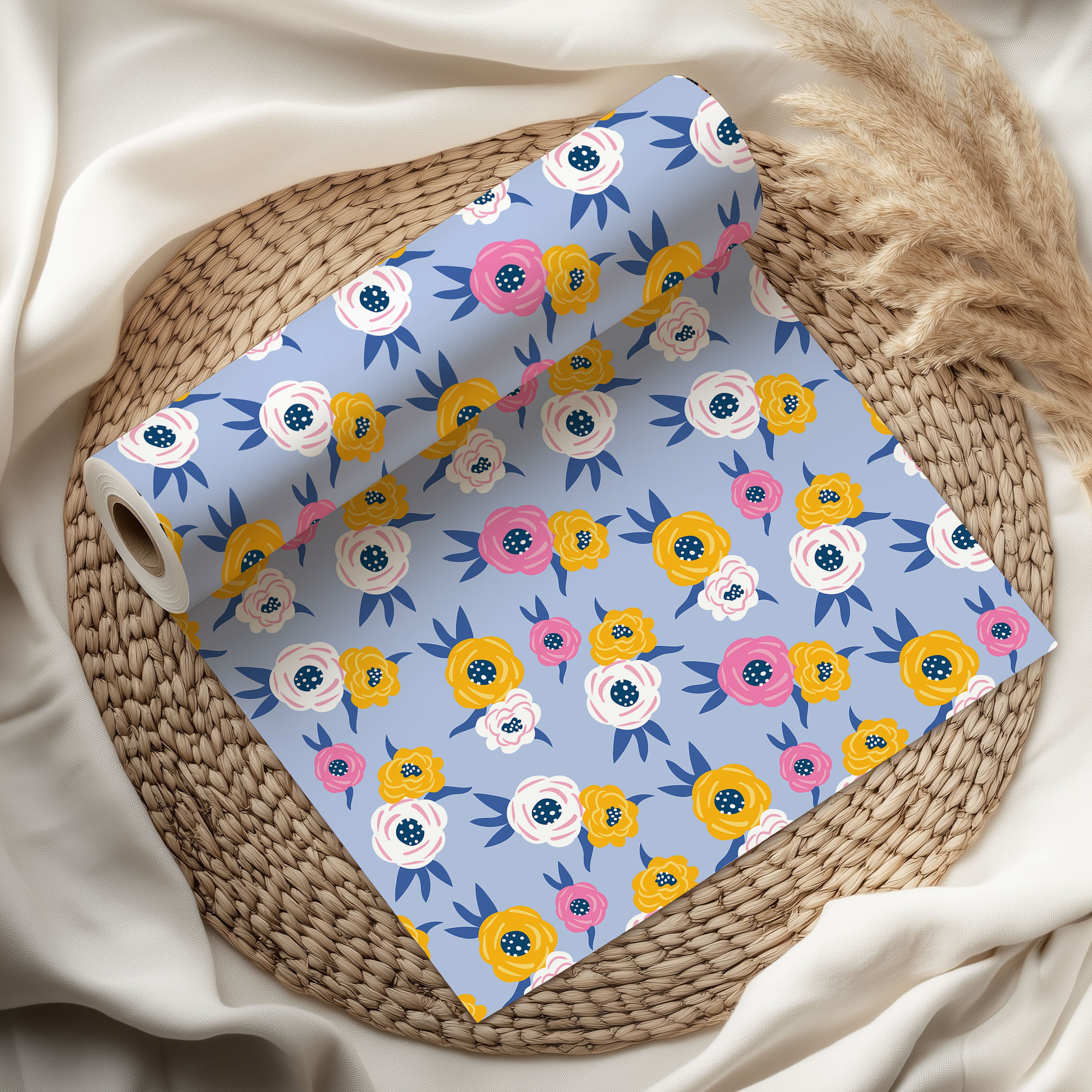 Cheerful Daisy Wrapping Paper – Bright Yellow Background with Blue, Pink & White Floral Gift Wrap