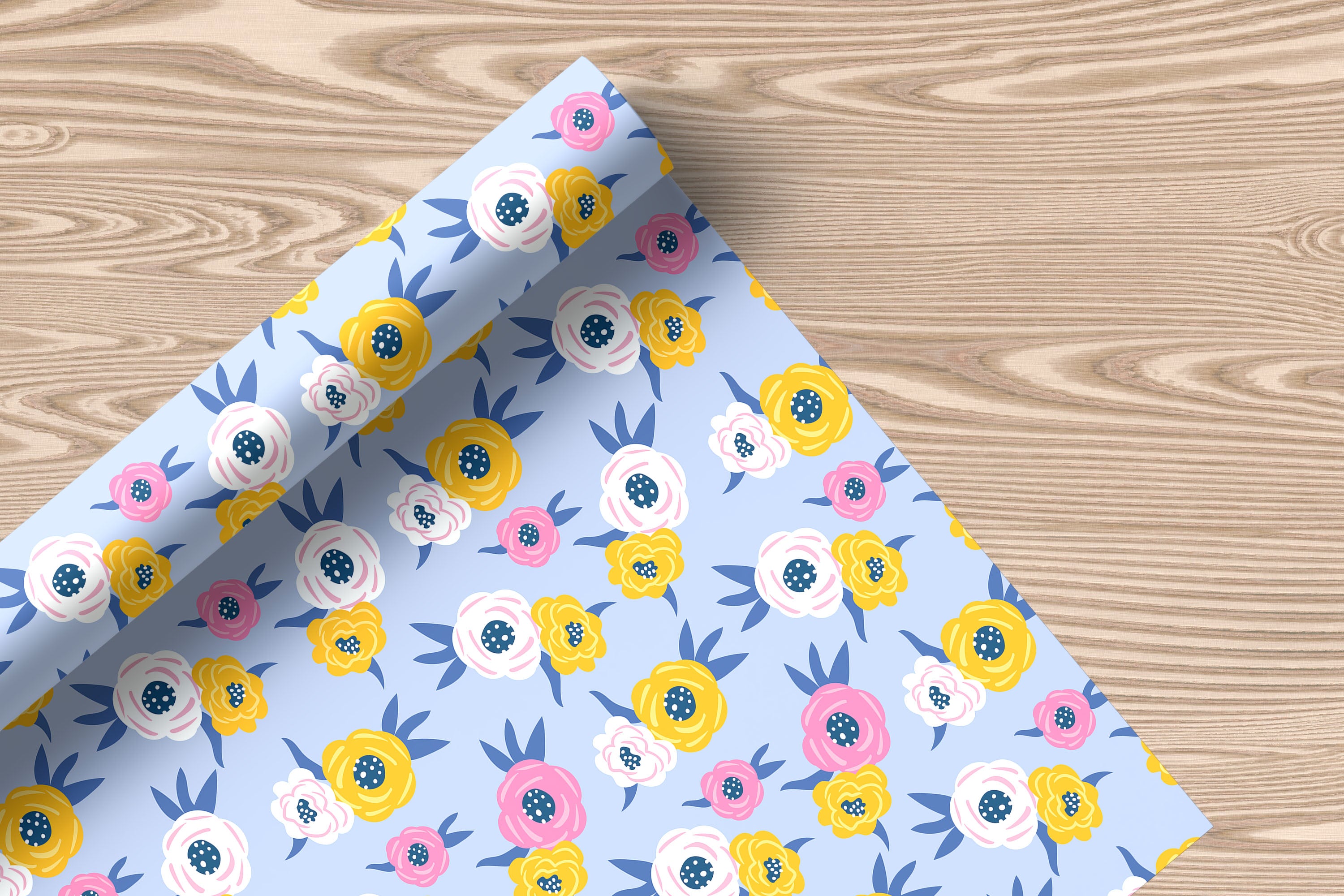 Cheerful Daisy Wrapping Paper – Bright Yellow Background with Blue, Pink & White Floral Gift Wrap