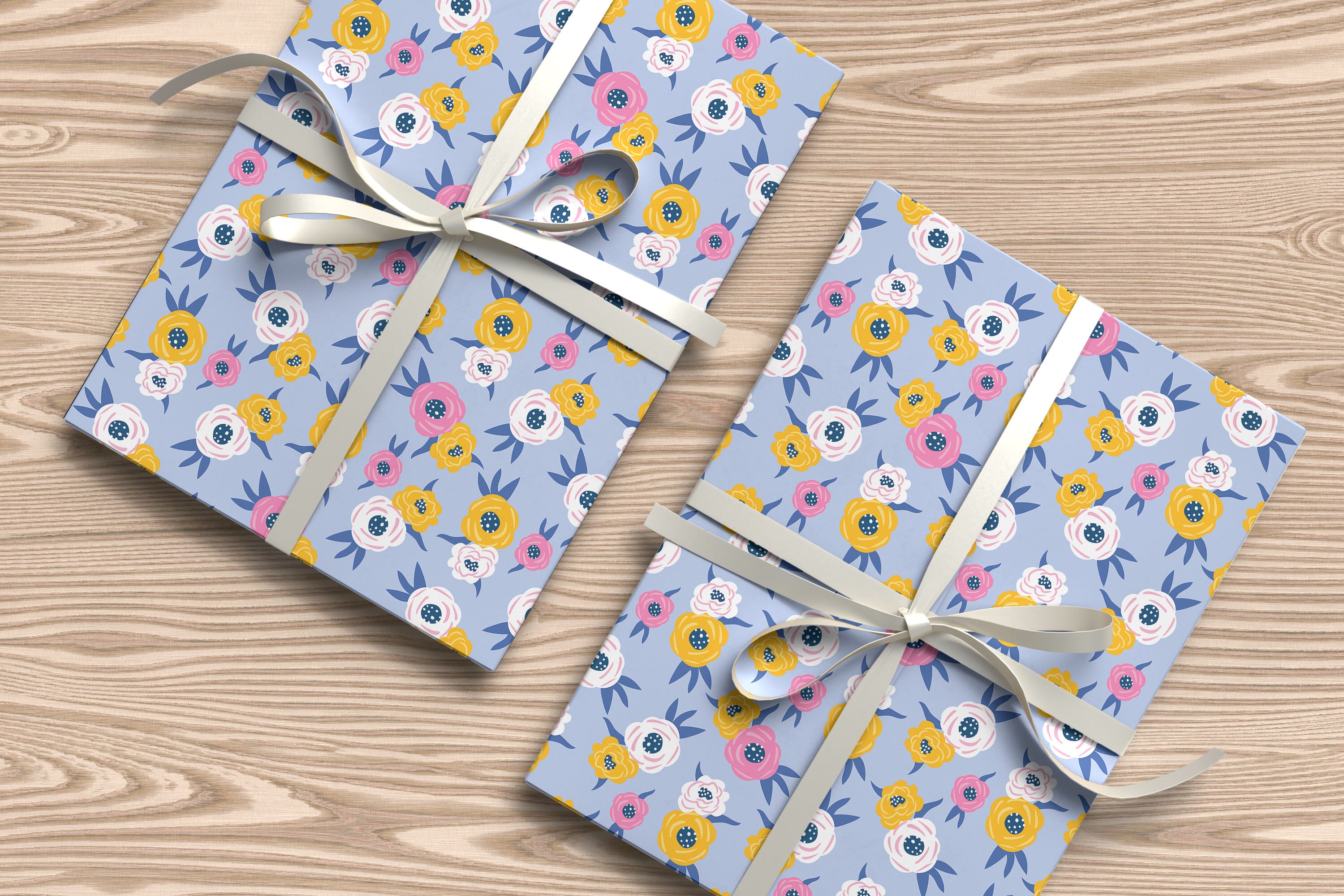 Cheerful Daisy Wrapping Paper – Bright Yellow Background with Blue, Pink & White Floral Gift Wrap
