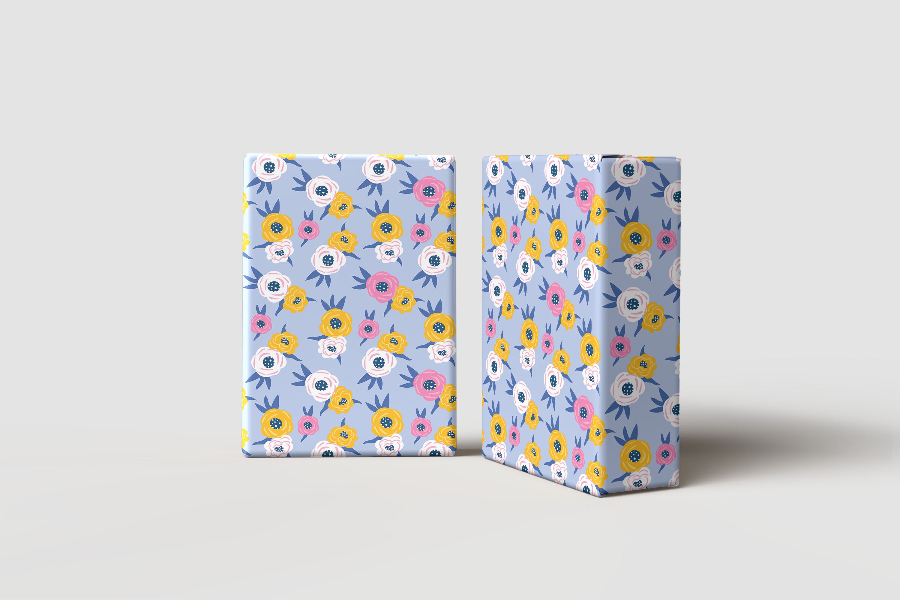 Cheerful Daisy Wrapping Paper – Bright Yellow Background with Blue, Pink & White Floral Gift Wrap