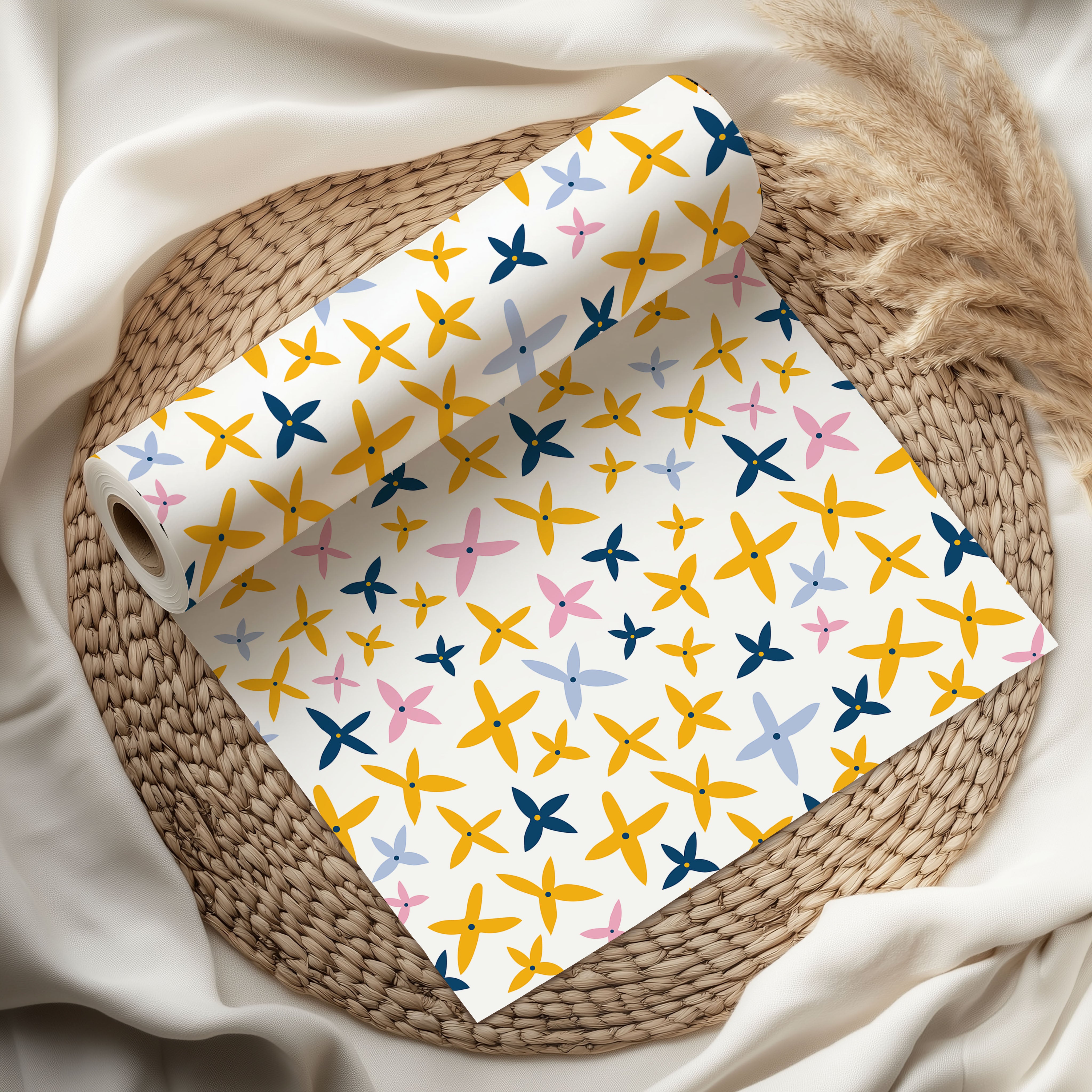 Playful Yellow & Pink Floral Wrapping Paper – Modern Minimalist Gift Wrap with Scattered Petals