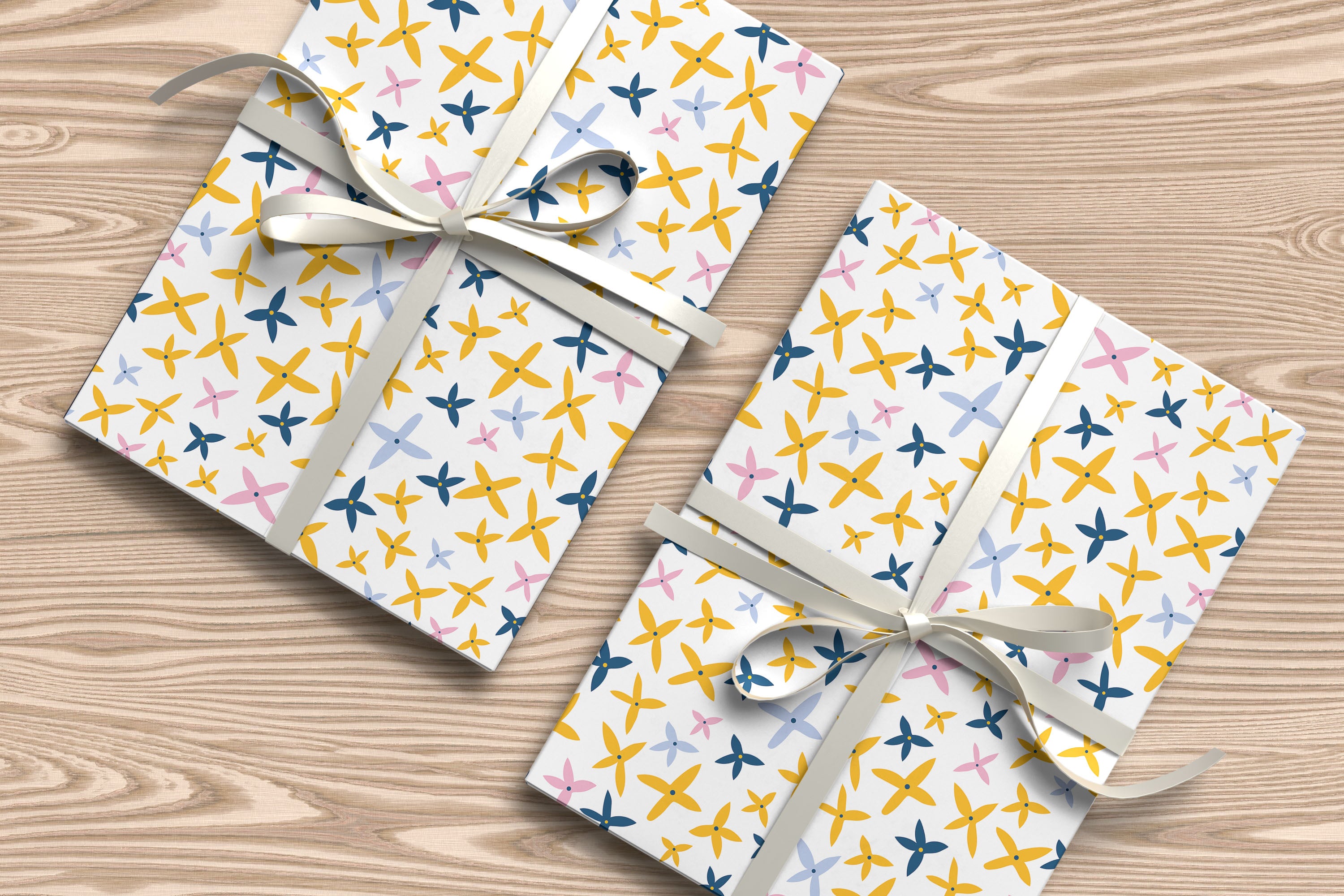Playful Yellow & Pink Floral Wrapping Paper – Modern Minimalist Gift Wrap with Scattered Petals