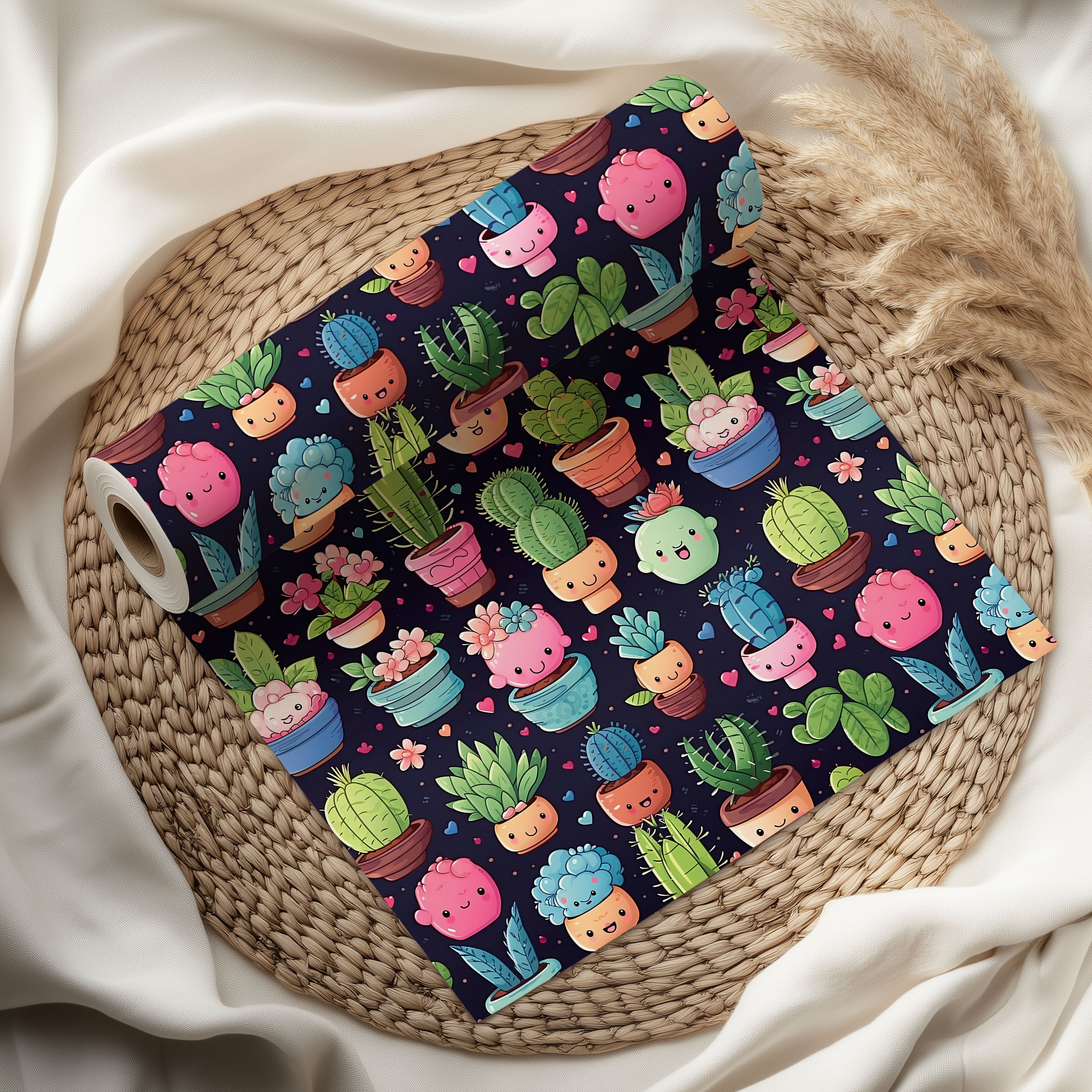 Cute Kawaii Cactus Wrapping Paper – Dark Background Plant Gift Wrap with Smiling Succulents