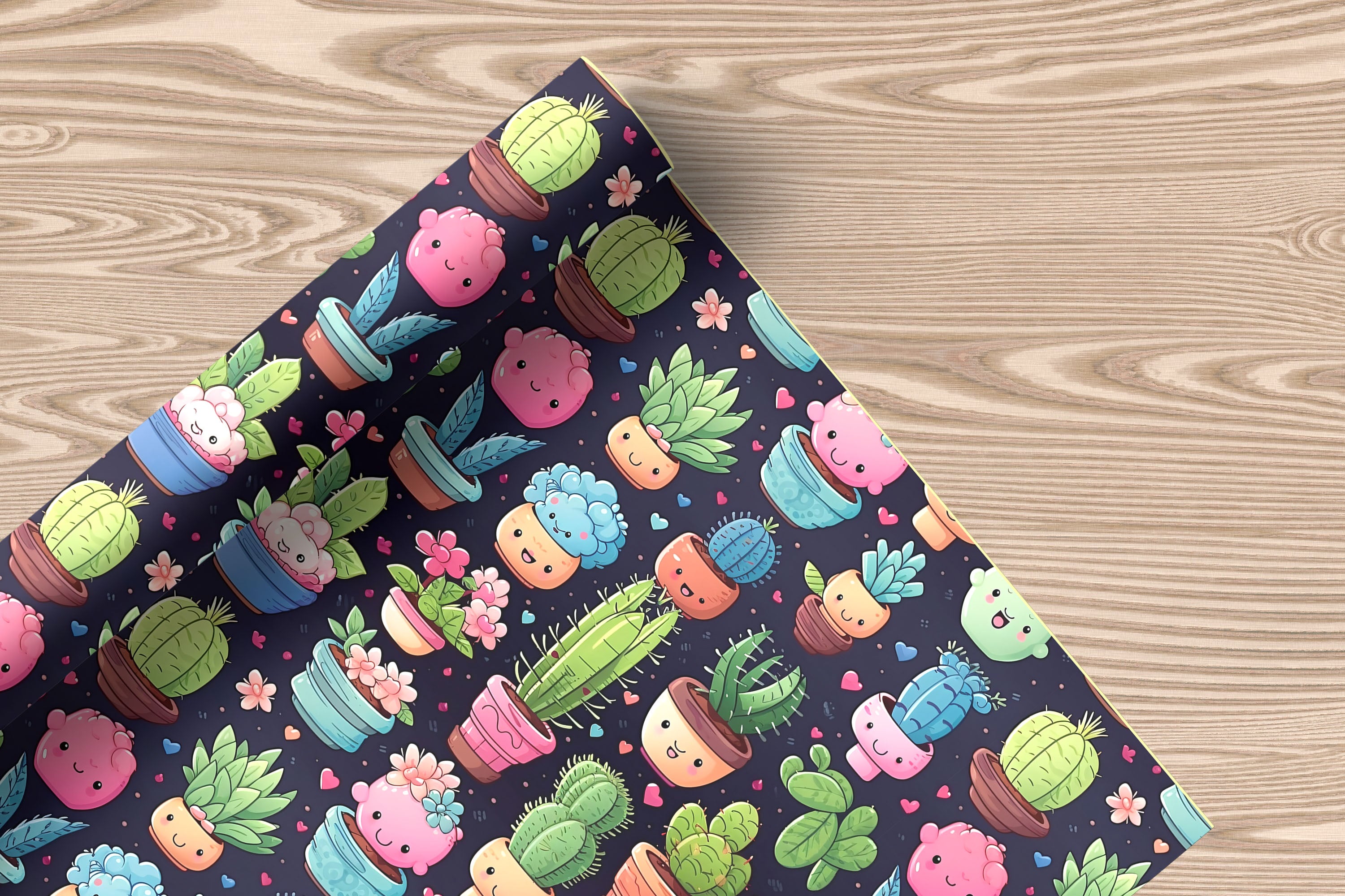 Cute Kawaii Cactus Wrapping Paper – Dark Background Plant Gift Wrap with Smiling Succulents