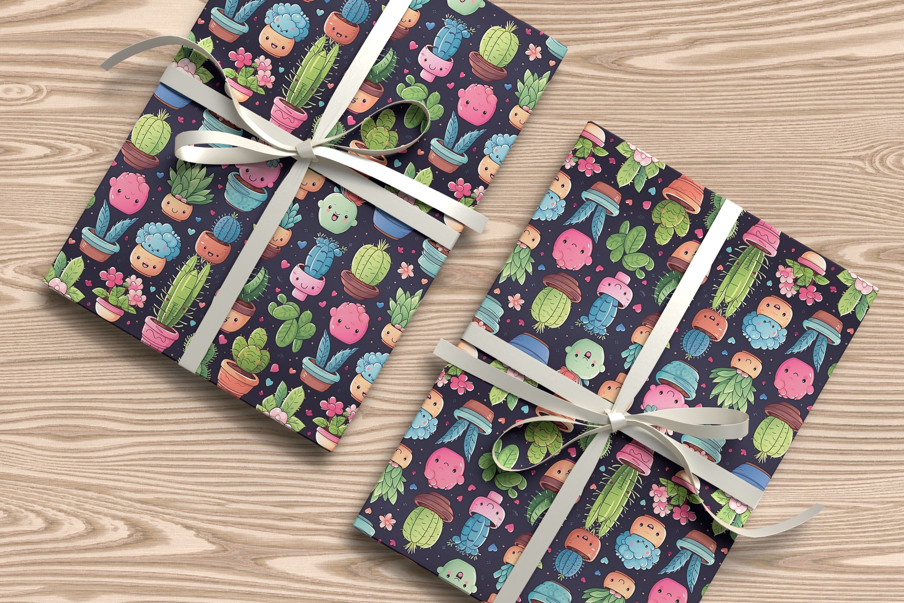 Cute Kawaii Cactus Wrapping Paper – Dark Background Plant Gift Wrap with Smiling Succulents