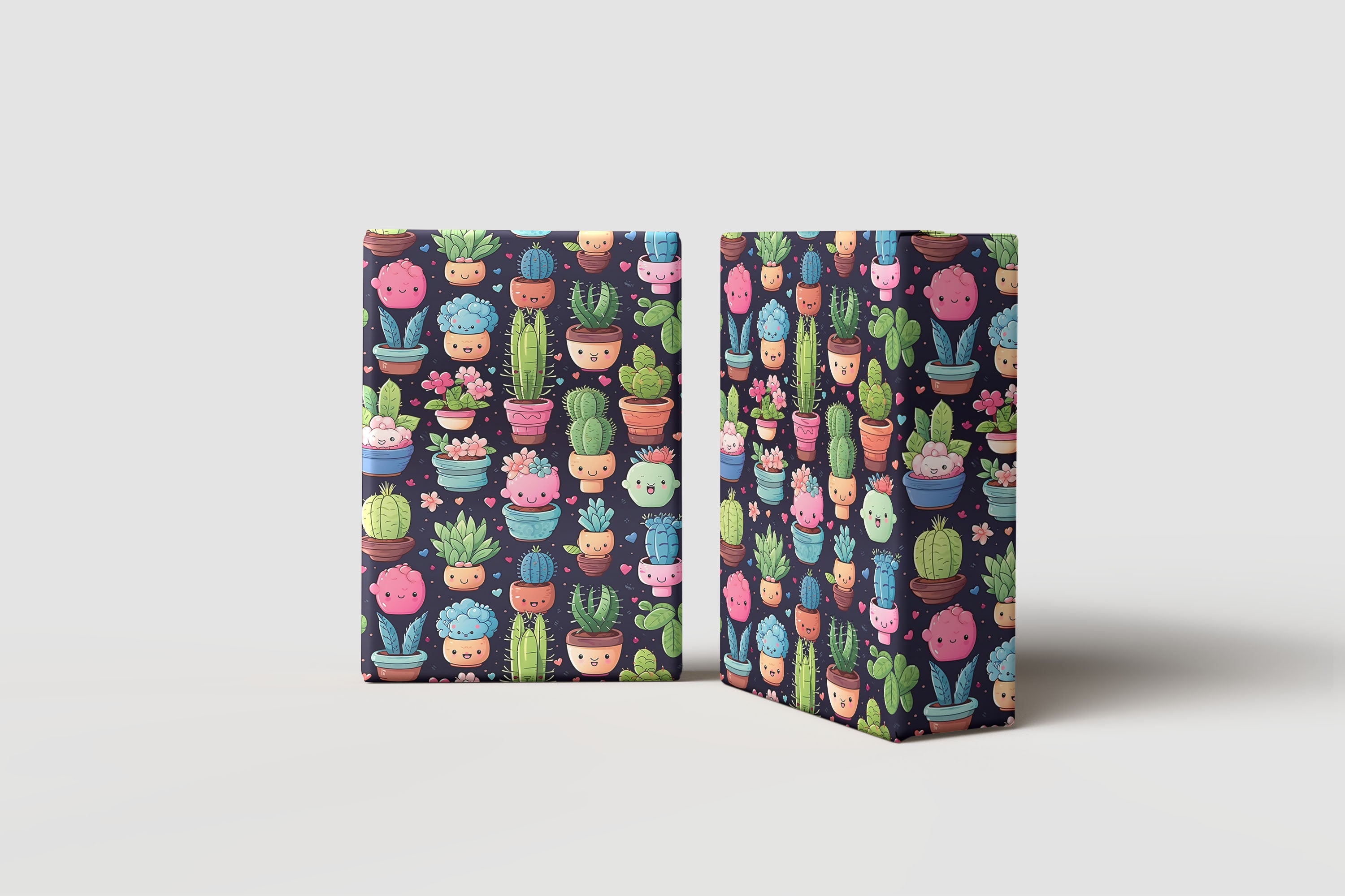 Cute Kawaii Cactus Wrapping Paper – Dark Background Plant Gift Wrap with Smiling Succulents