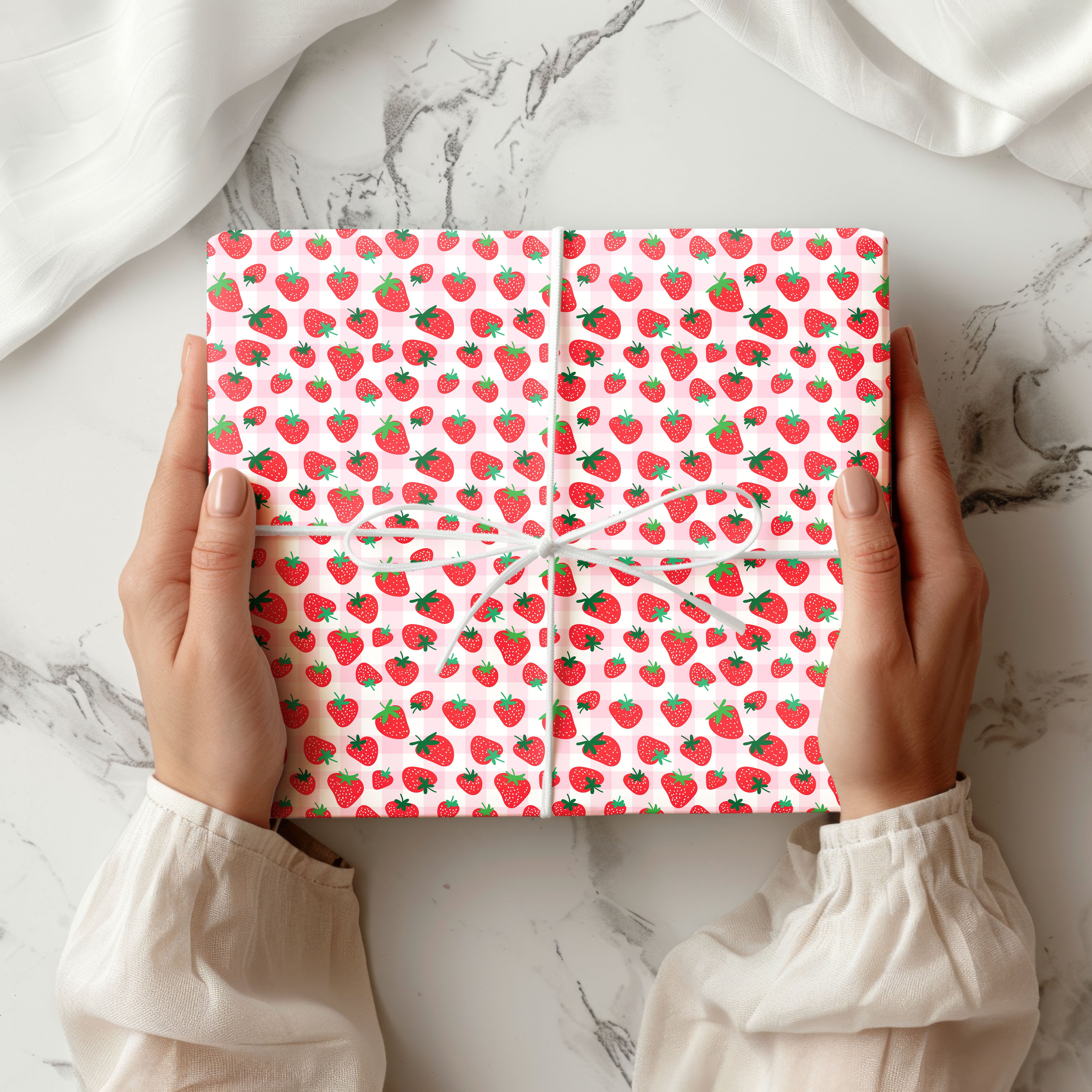 Cute Strawberry Gift Wrap – Red Berry Wrapping Paper with Gingham Background Pattern
