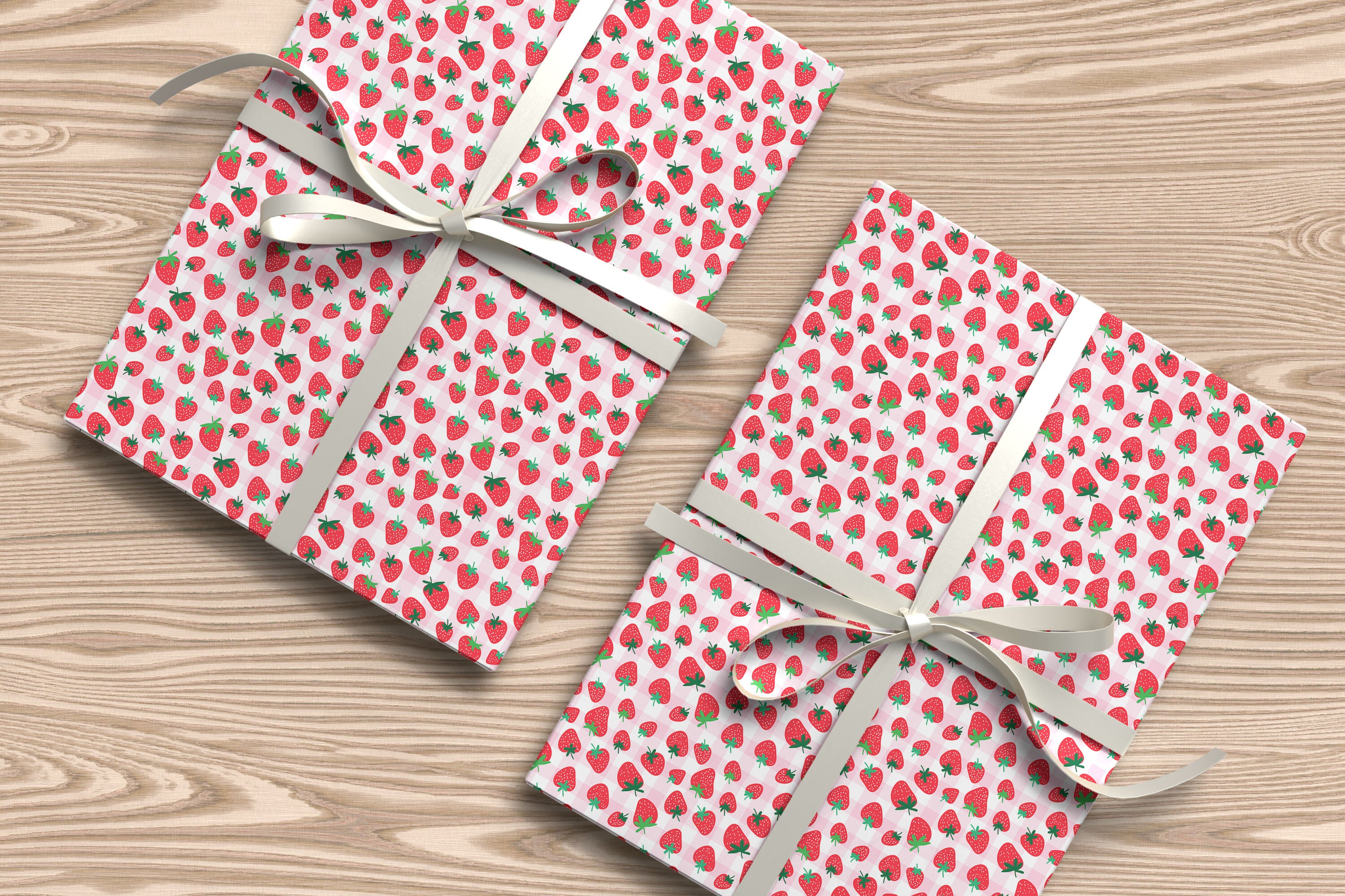 Cute Strawberry Gift Wrap – Red Berry Wrapping Paper with Gingham Background Pattern