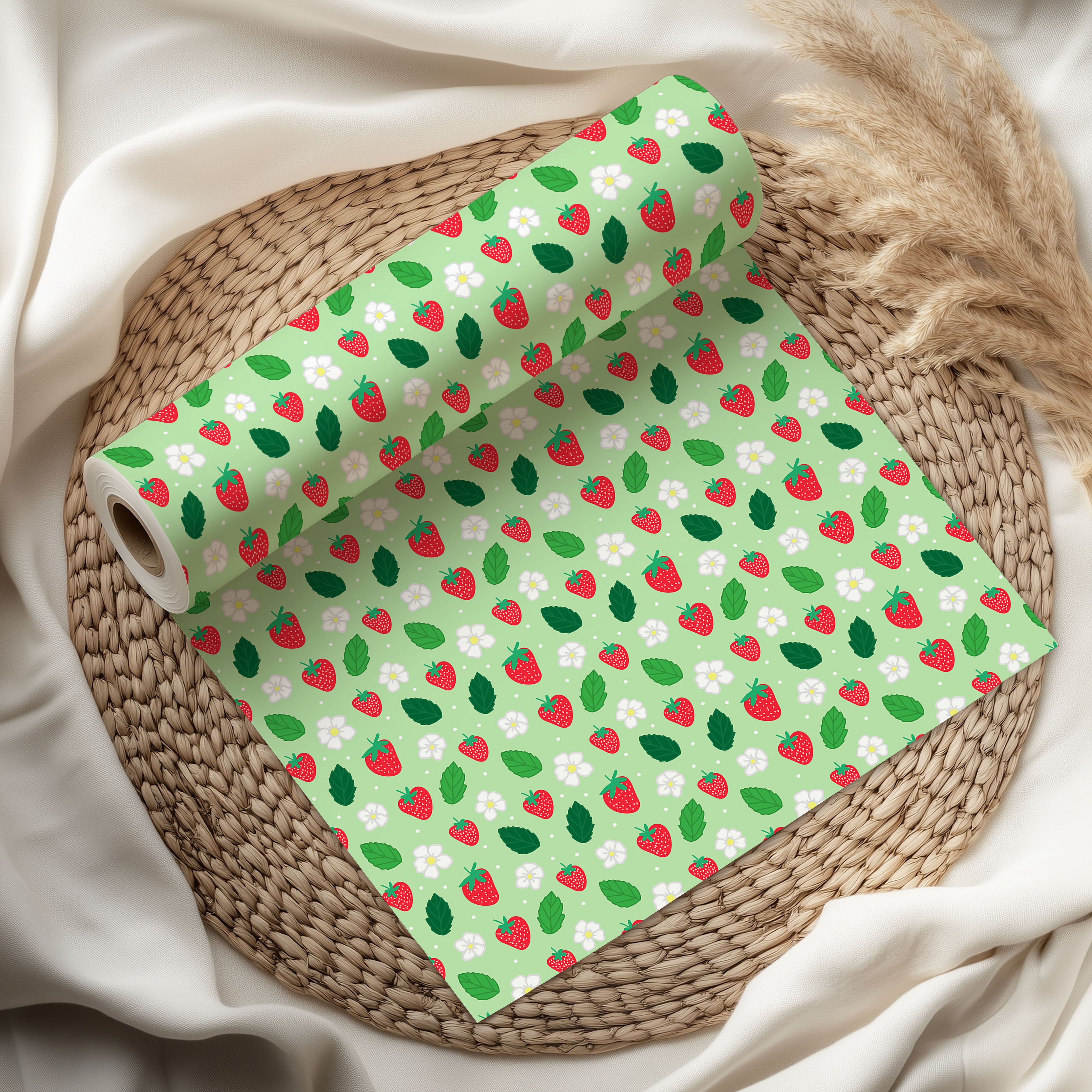 Strawberry Leaf Wrapping Paper – Cute Red Berries & Floral Design on Pastel Green